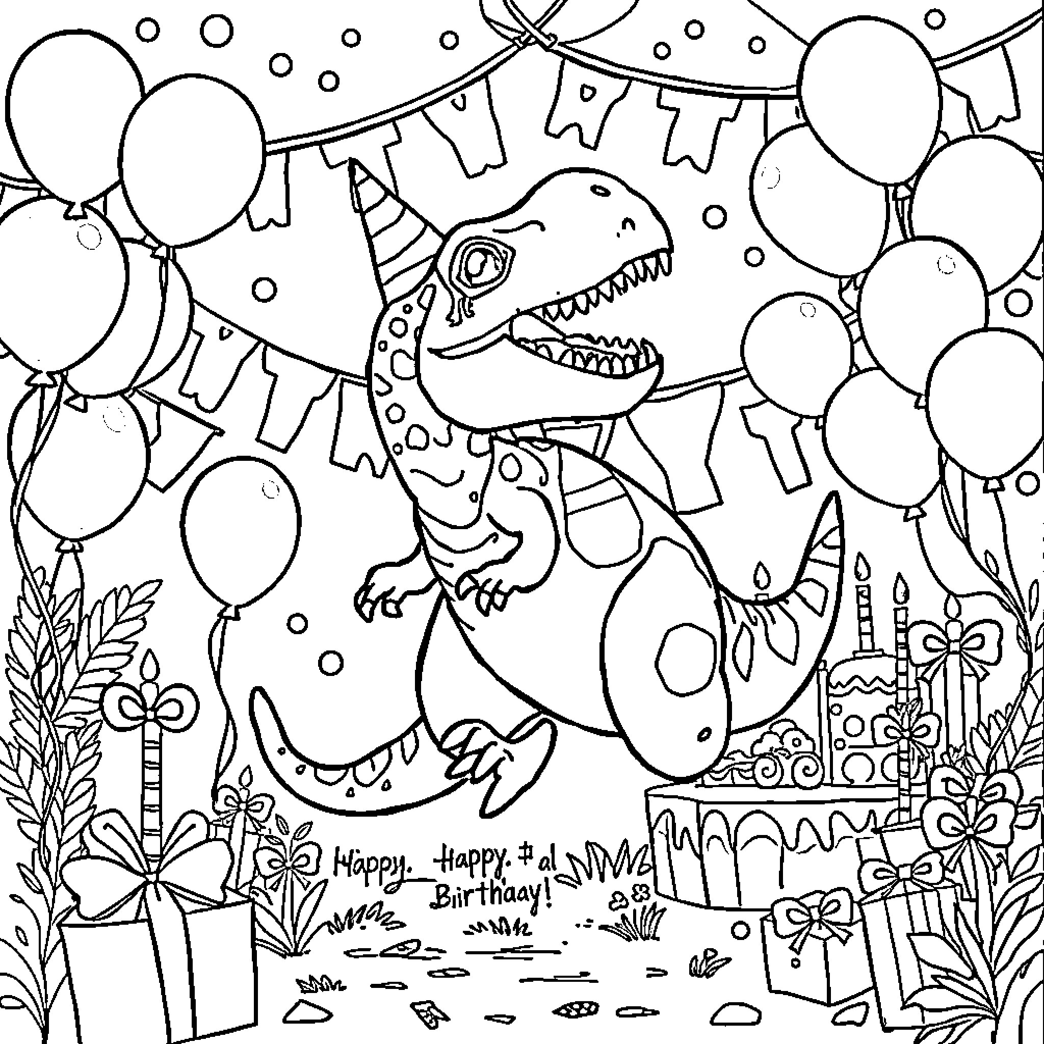 Dinosaur Celebrates Birthday Party with Balloons Coloring Page (free black-and-white line drawing printable PDF for all, from beginners to advanced learners, including children, teens, adults, and seniors)