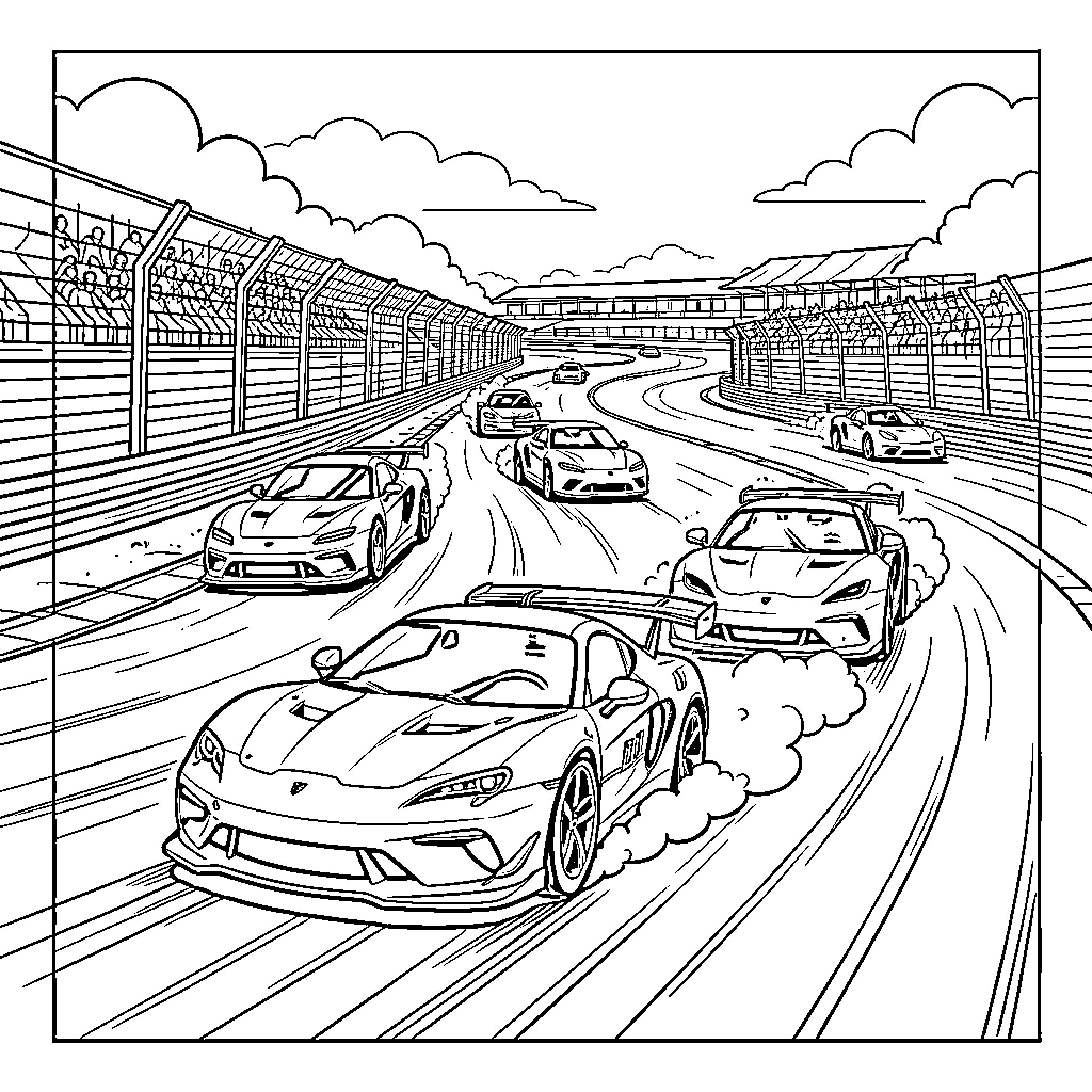 Racing action on the track Coloring Page (free black-and-white line drawing printable PDF for all, from beginners to advanced learners, including children, teens, adults, and seniors)