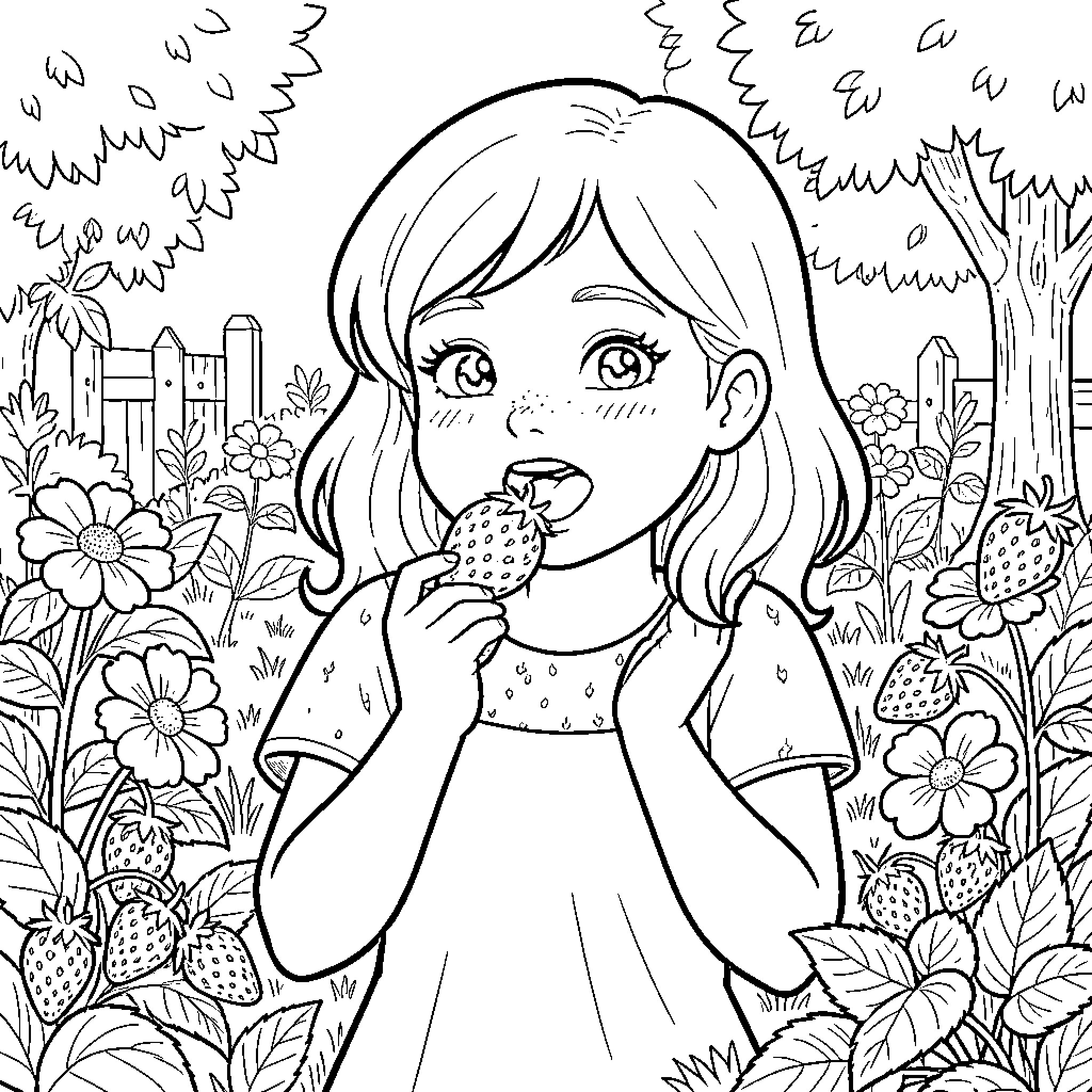 Fille Mangeant des Fraises dans un Jardin Coloring Page (free black-and-white line drawing printable PDF for all, from beginners to advanced learners, including children, teens, adults, and seniors)