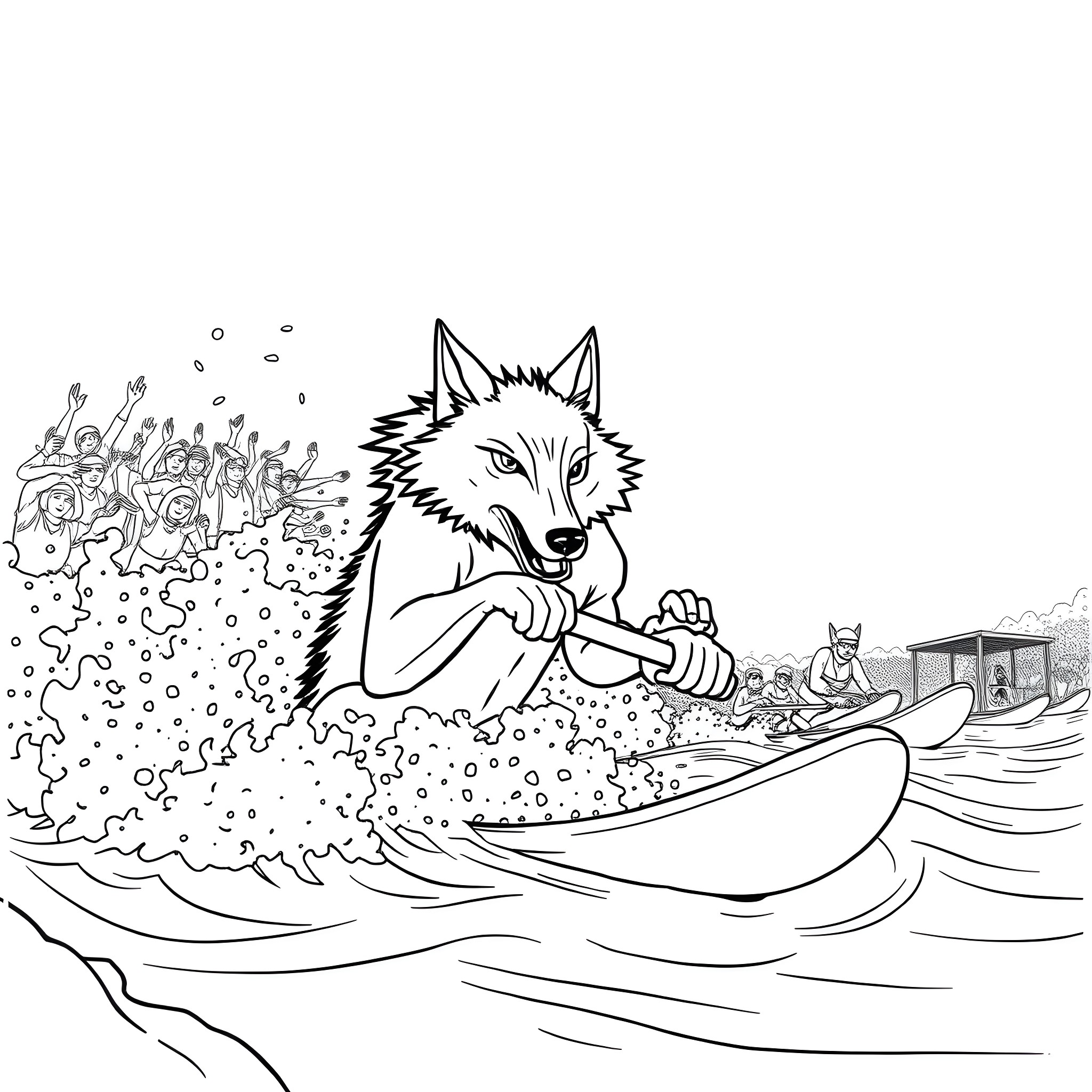 Wolf surfing waves with tiny creatures Coloring Page (free black-and-white line drawing printable PDF for all, from beginners to advanced learners, including children, teens, adults, and seniors)