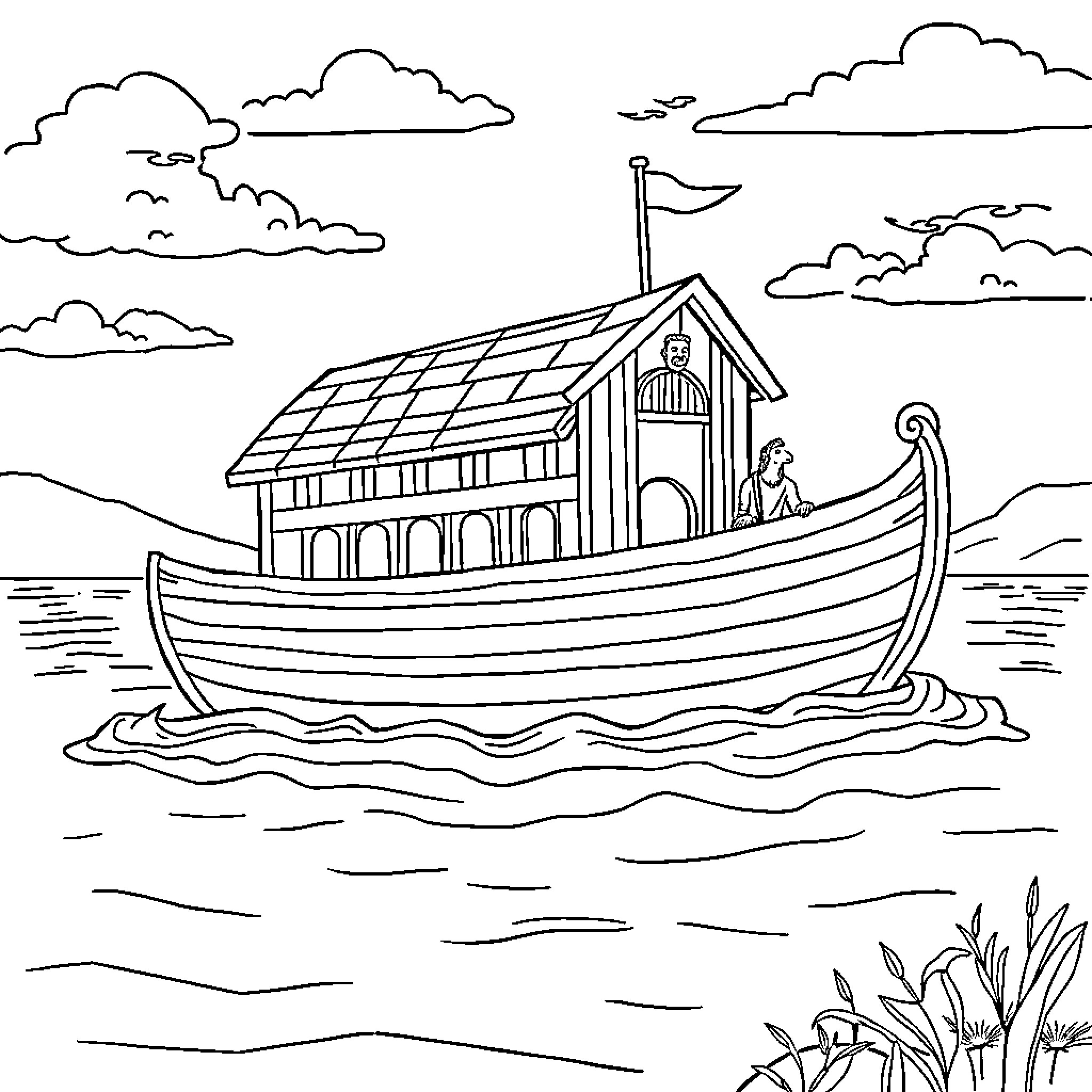 Noah's Ark sailing across the sea Coloring Page (free black-and-white line drawing printable PDF for all, from beginners to advanced learners, including children, teens, adults, and seniors)