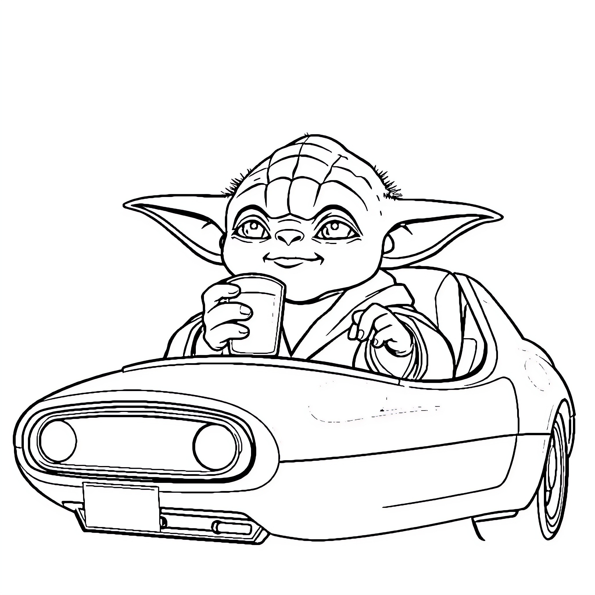 Yoda driving a car with a drink Coloring Page (free black-and-white line drawing printable PDF for all, from beginners to advanced learners, including children, teens, adults, and seniors)