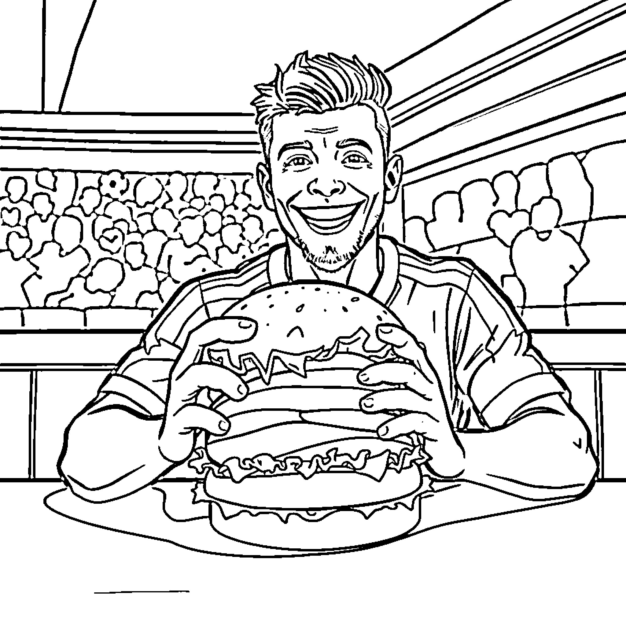 Soccerplayer enjoys a tasty burger in the stadium Coloring Page (free black-and-white line drawing printable PDF for all, from beginners to advanced learners, including children, teens, adults, and seniors)