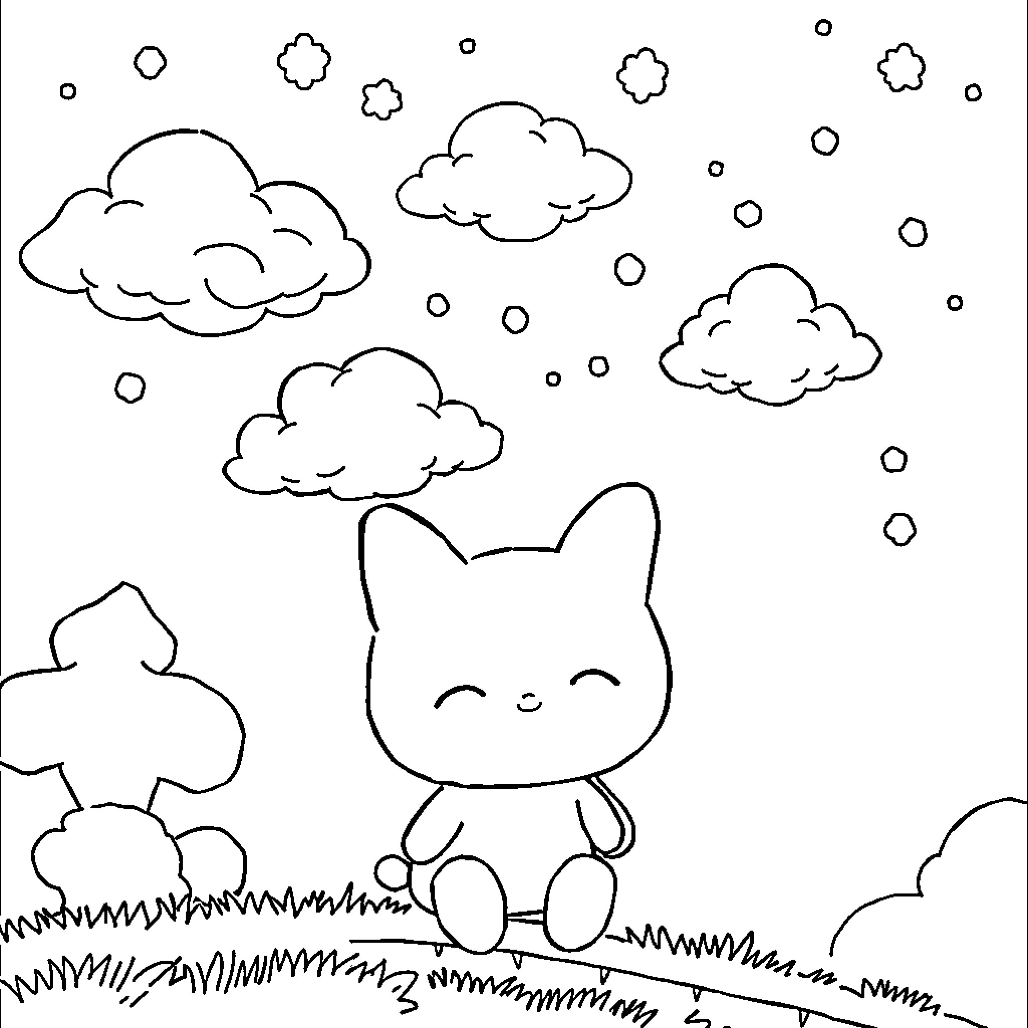 Sanrio Character relaxing in a whimsical scene Coloring Page (free black-and-white line drawing printable PDF for all, from beginners to advanced learners, including children, teens, adults, and seniors)