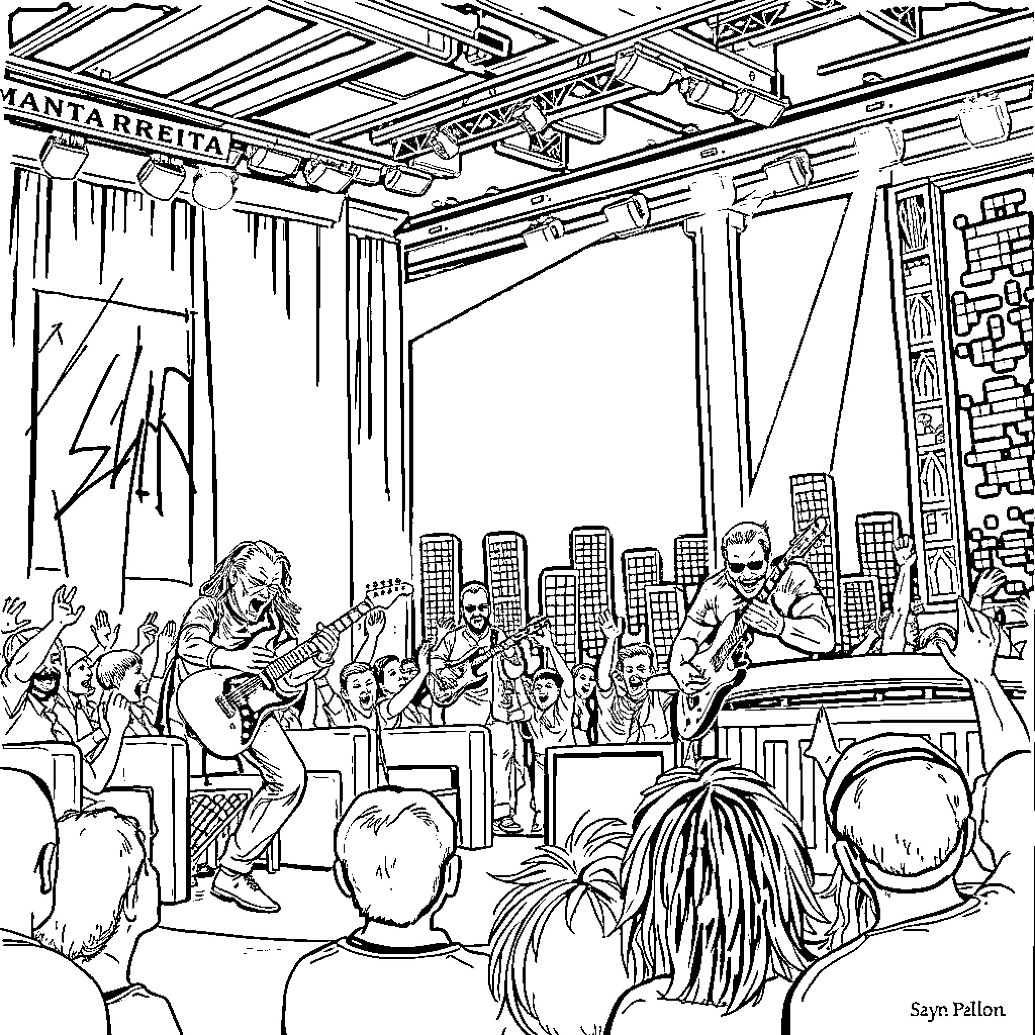 Slayer Performers Rocking on Stage Coloring Page (free black-and-white line drawing printable PDF for all, from beginners to advanced learners, including children, teens, adults, and seniors)