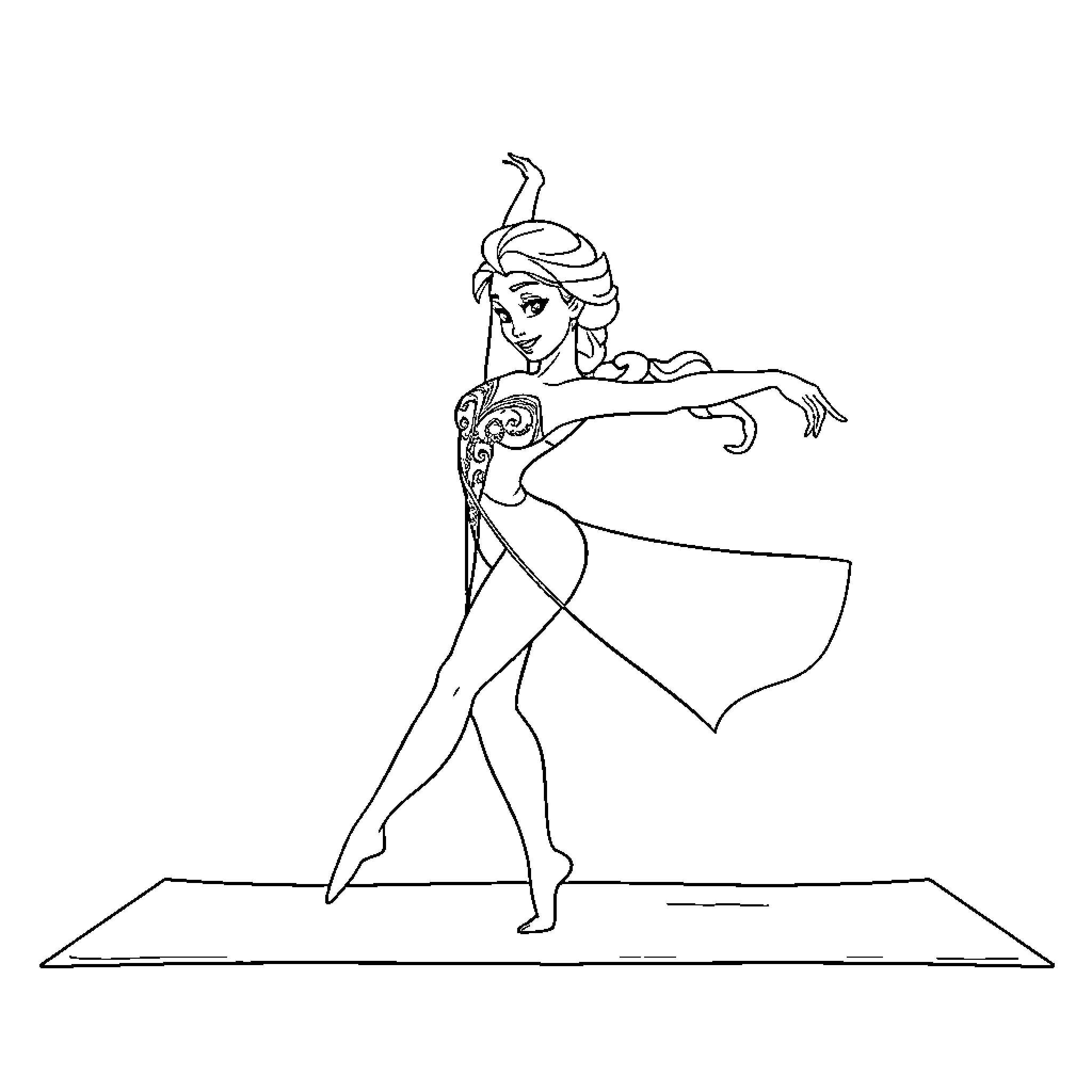 Elsa dancing gracefully in elegant costume Coloring Page (free black-and-white line drawing printable PDF for all, from beginners to advanced learners, including children, teens, adults, and seniors)