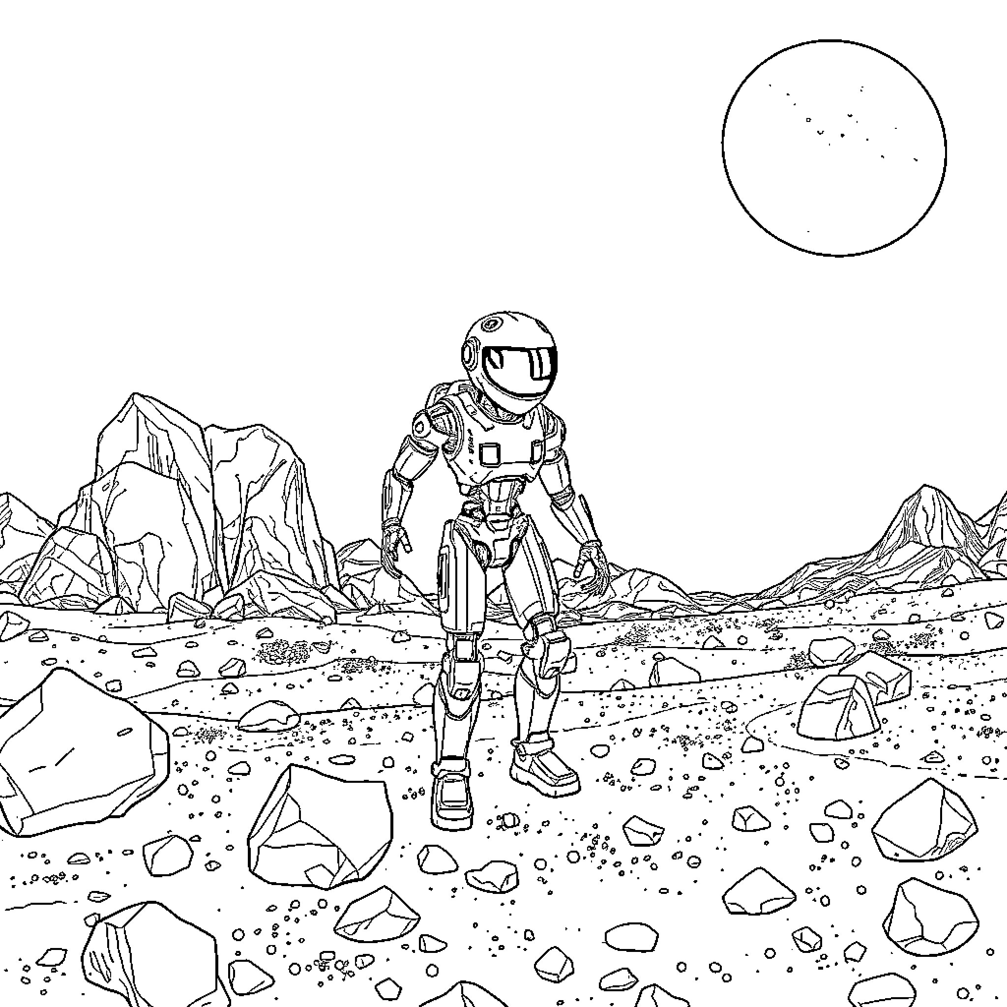 Cyborg Exploring the Alien Landscape Coloring Page (free black-and-white line drawing printable PDF for all, from beginners to advanced learners, including children, teens, adults, and seniors)