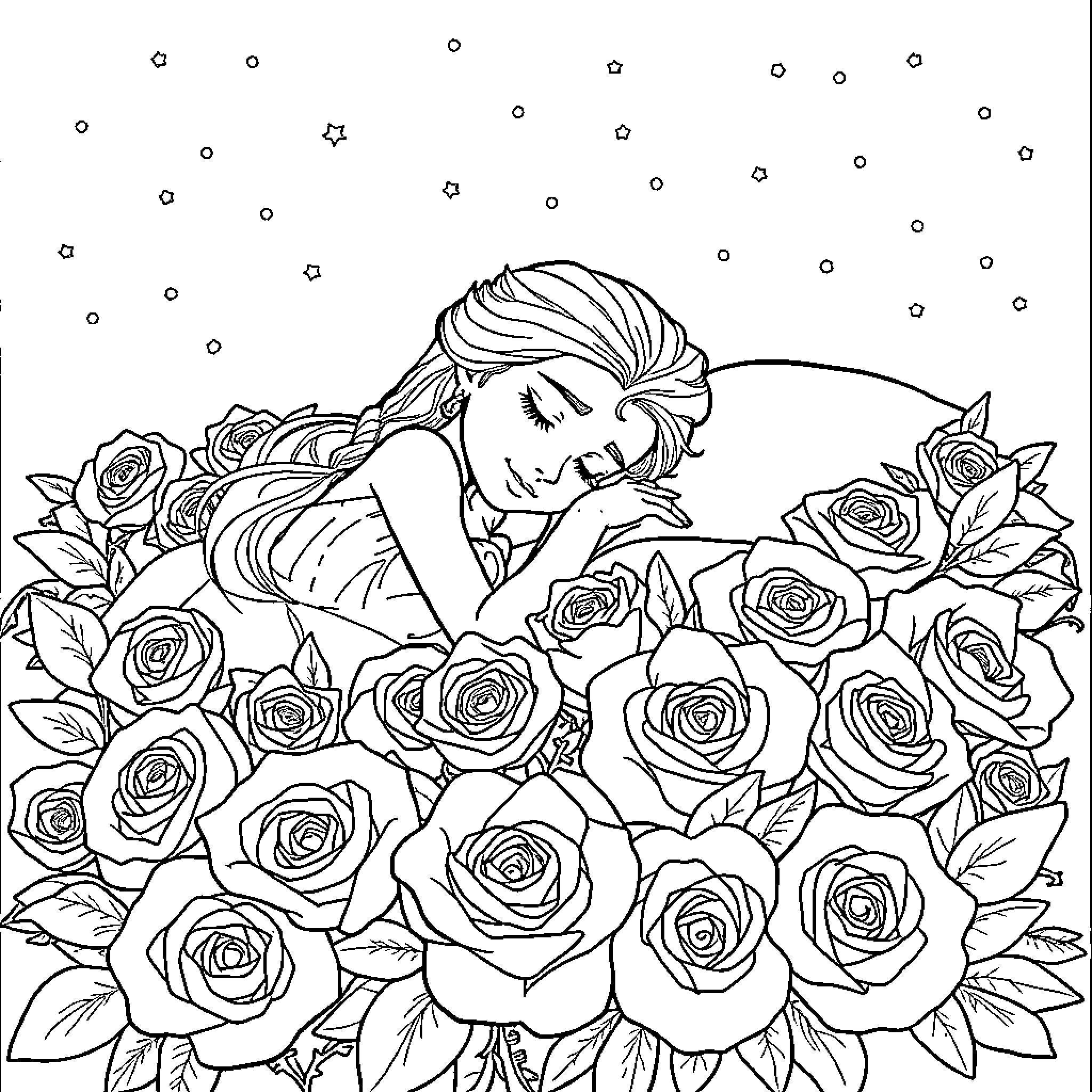 Elsa lying amidst a bed of roses Coloring Page (free black-and-white line drawing printable PDF for all, from beginners to advanced learners, including children, teens, adults, and seniors)