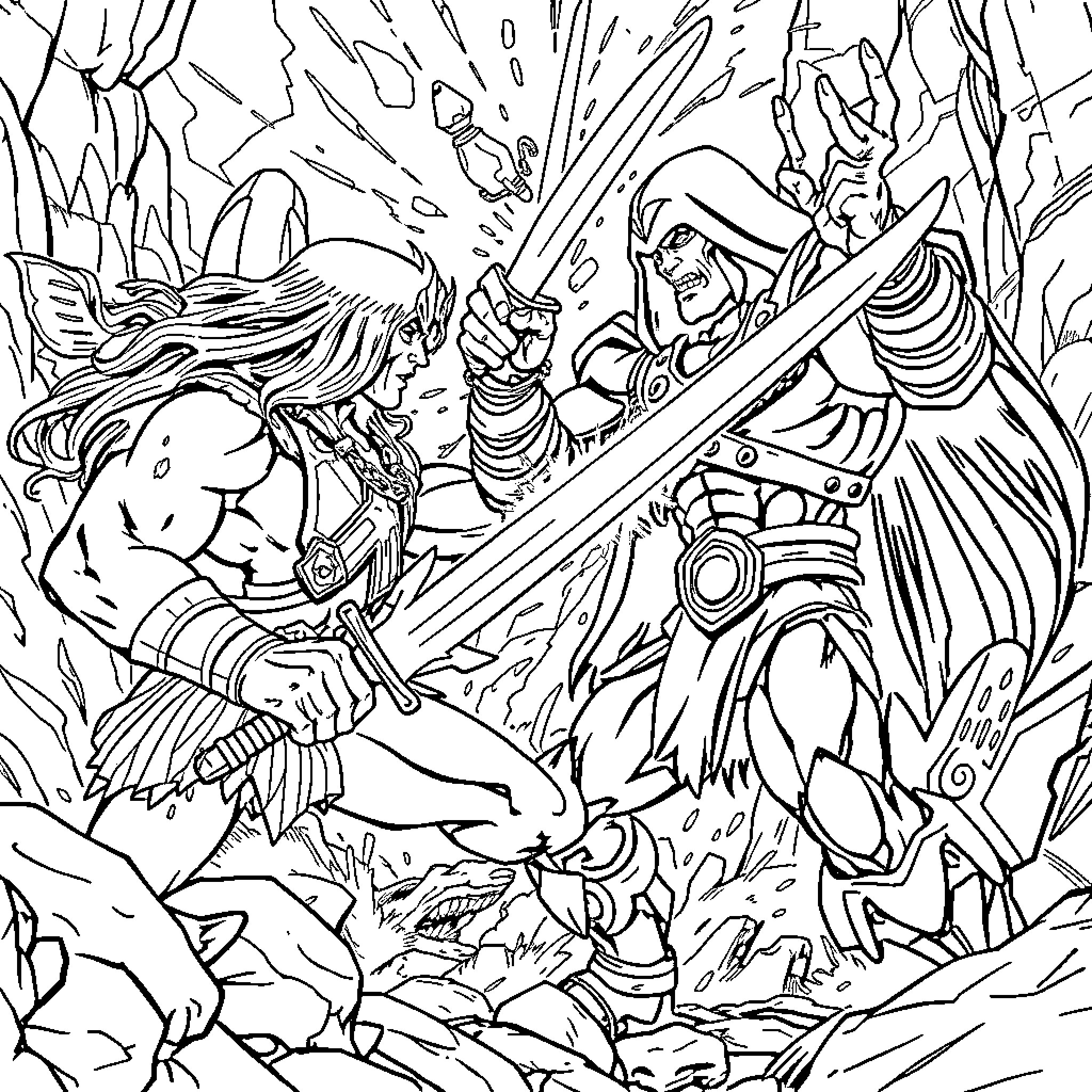 He-Man battling the mighty Skeletor in an epic clash Coloring Page (free black-and-white line drawing printable PDF for all, from beginners to advanced learners, including children, teens, adults, and seniors)