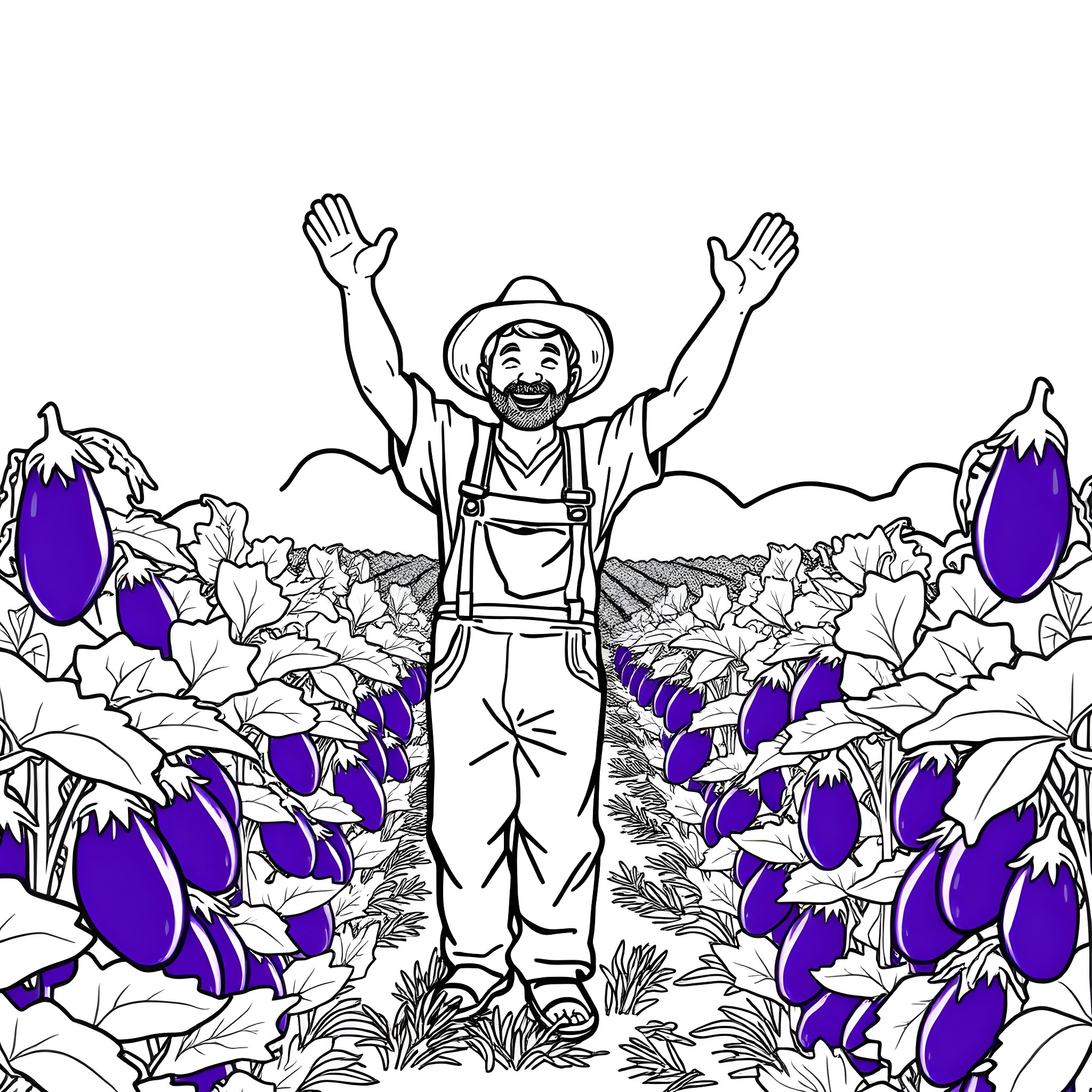 Eggplant farmer celebrating a bountiful harvest Coloring Page (free black-and-white line drawing printable PDF for all, from beginners to advanced learners, including children, teens, adults, and seniors)