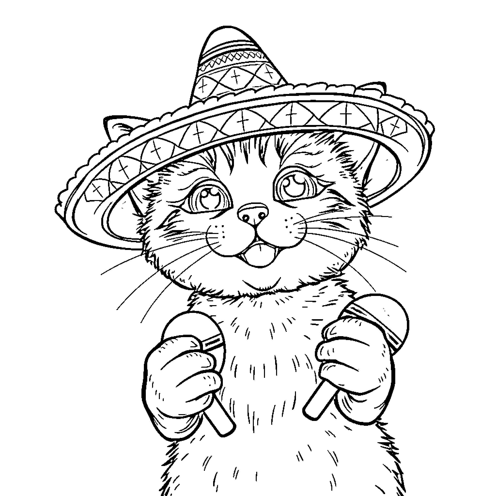 Cat wearing festive sombrero hat Coloring Page (free black-and-white line drawing printable PDF for all, from beginners to advanced learners, including children, teens, adults, and seniors)