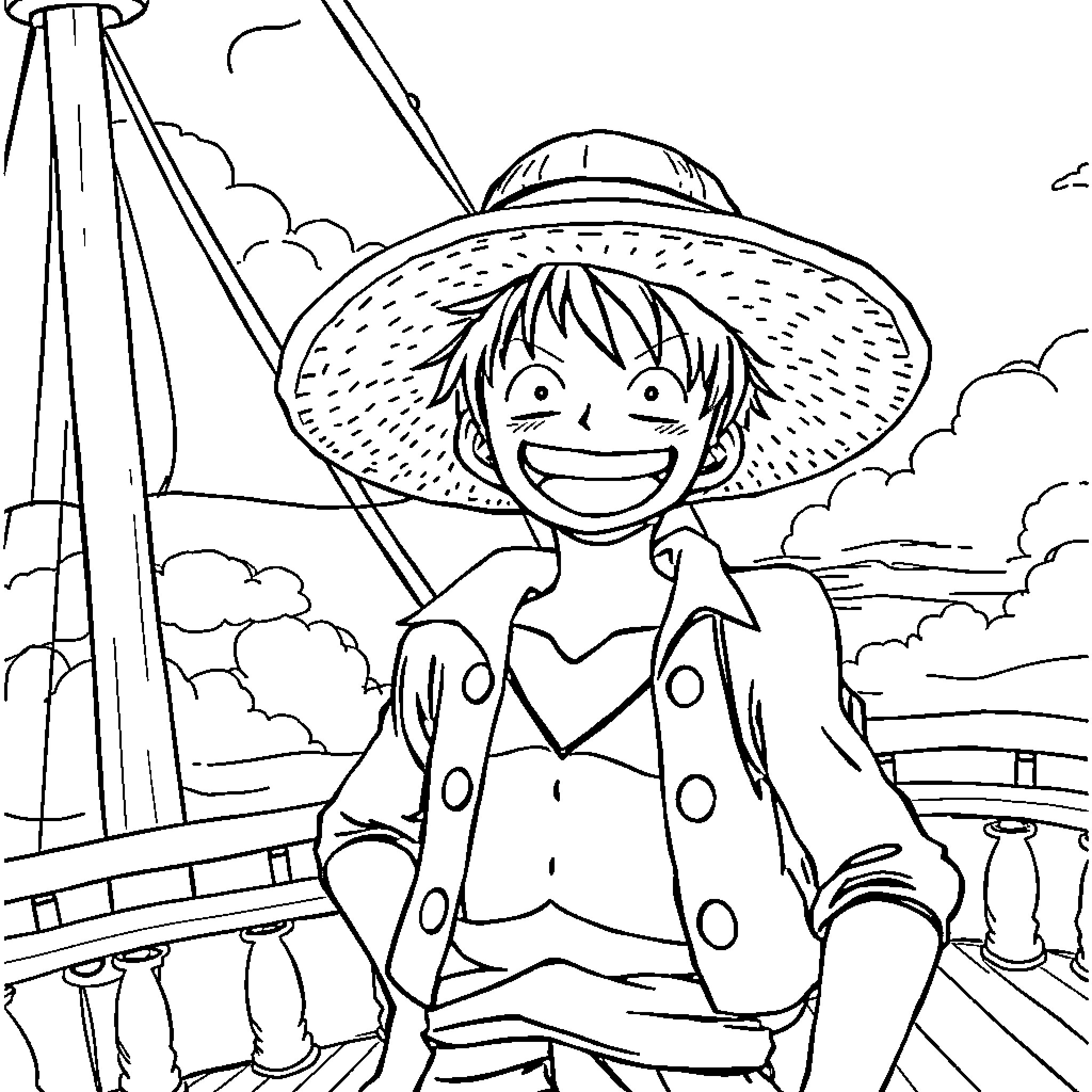 Luffy's Adventurous Voyage on the High Seas Coloring Page (free black-and-white line drawing printable PDF for all, from beginners to advanced learners, including children, teens, adults, and seniors)
