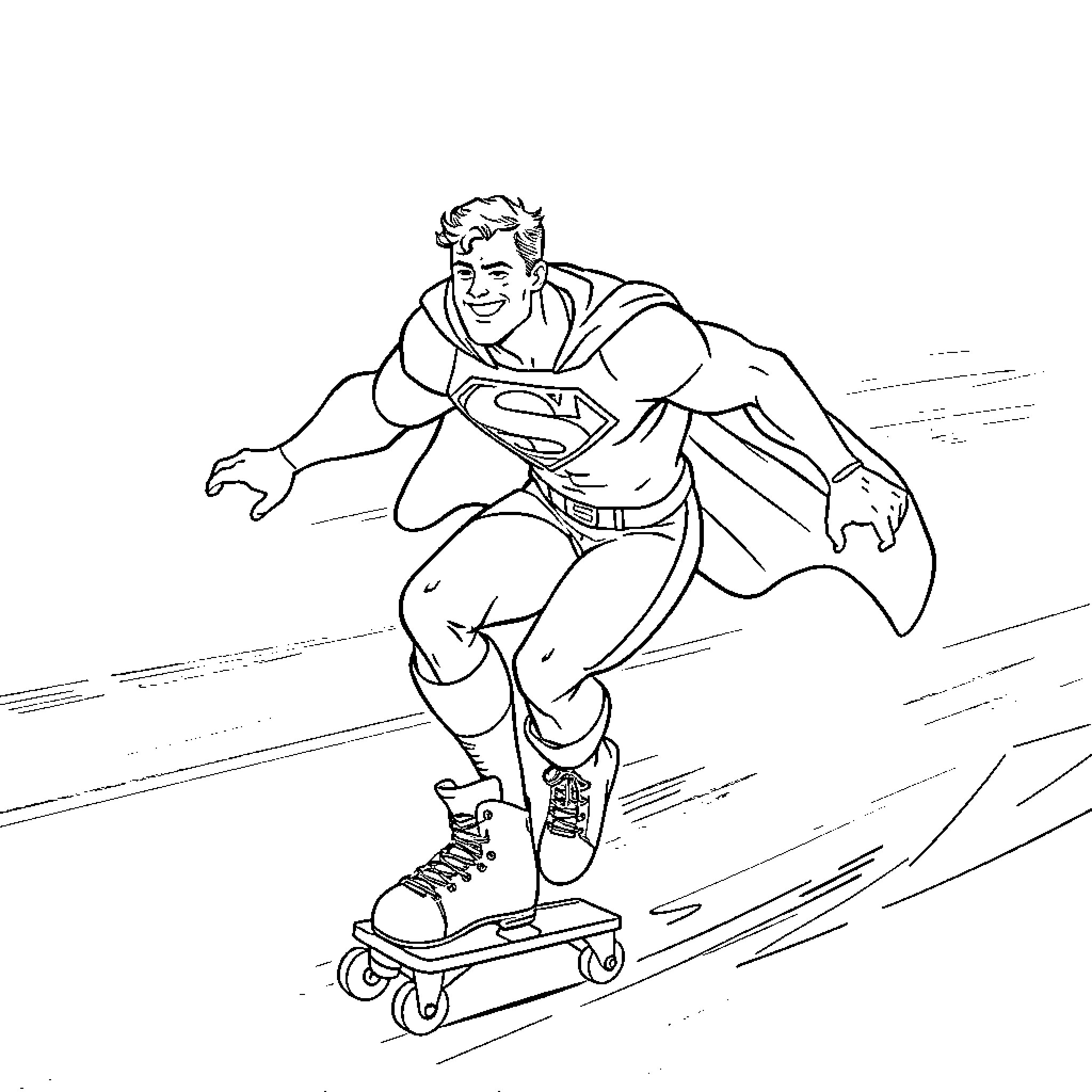 Superman soaring on a skateboard with determination Coloring Page (free black-and-white line drawing printable PDF for all, from beginners to advanced learners, including children, teens, adults, and seniors)