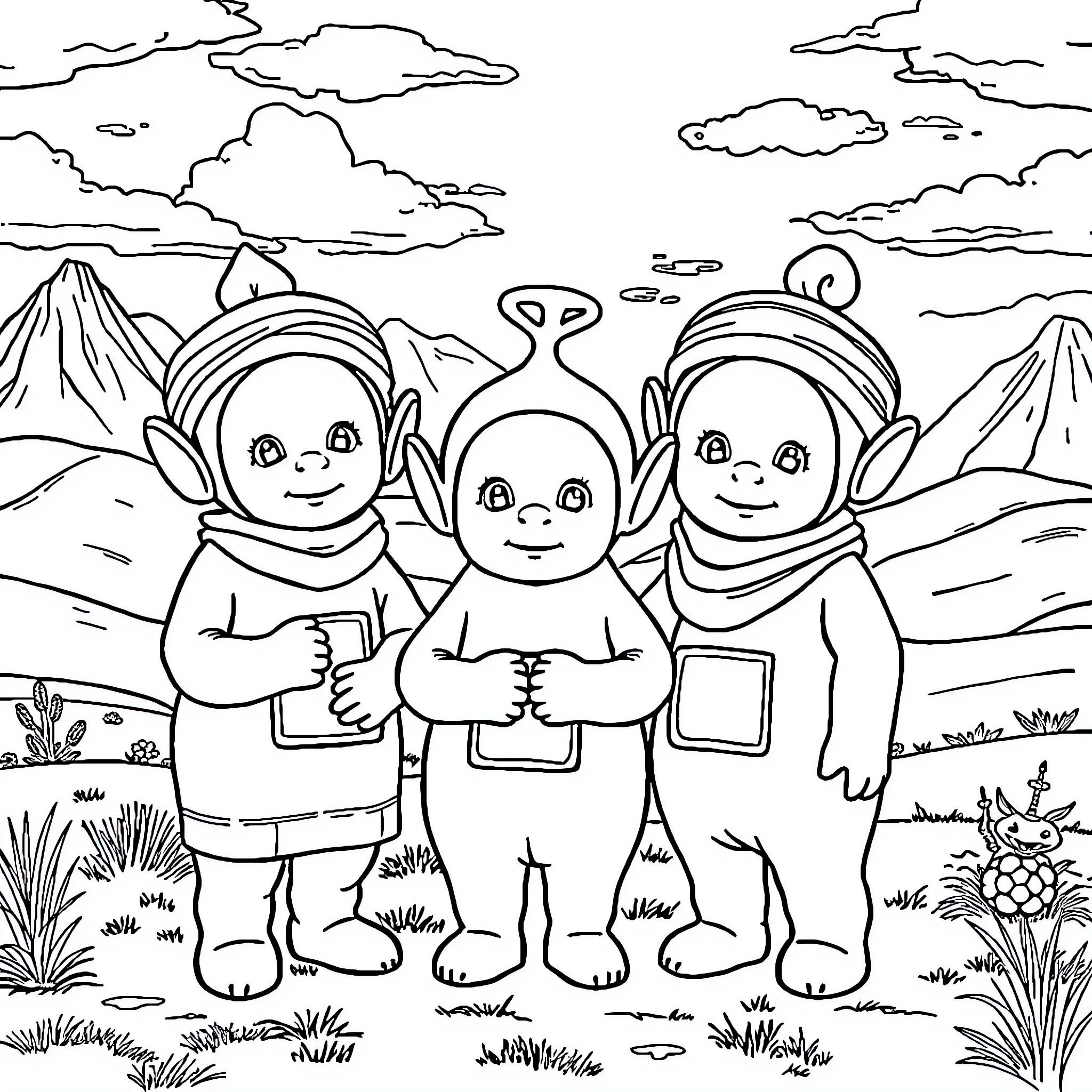 Teletubbies playing in a mountain landscape Coloring Page (free black-and-white line drawing printable PDF for all, from beginners to advanced learners, including children, teens, adults, and seniors)