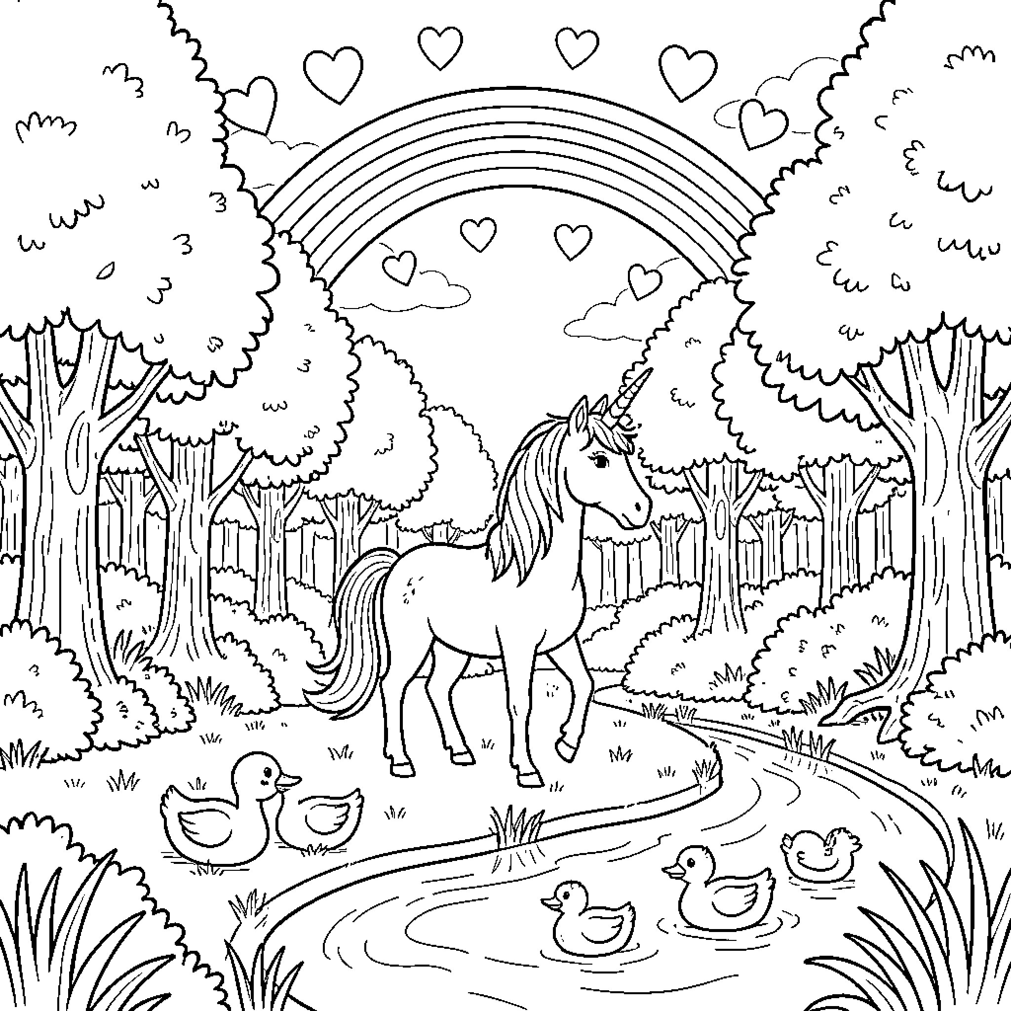 Unicorn wandering in a magical forest with a rainbow Coloring Page (free black-and-white line drawing printable PDF for all, from beginners to advanced learners, including children, teens, adults, and seniors)