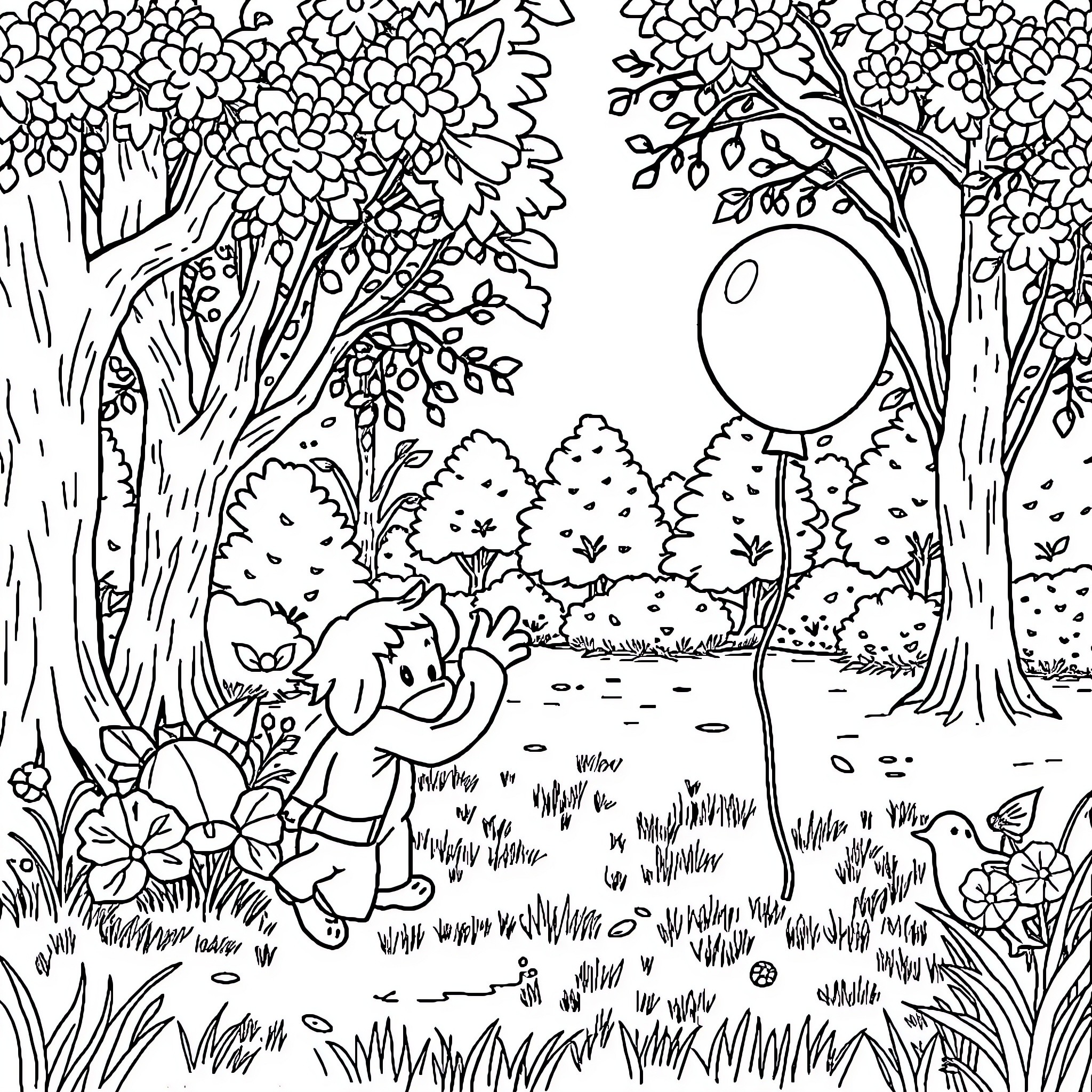Ball of light in the enchanted forest Coloring Page (free black-and-white line drawing printable PDF for all, from beginners to advanced learners, including children, teens, adults, and seniors)