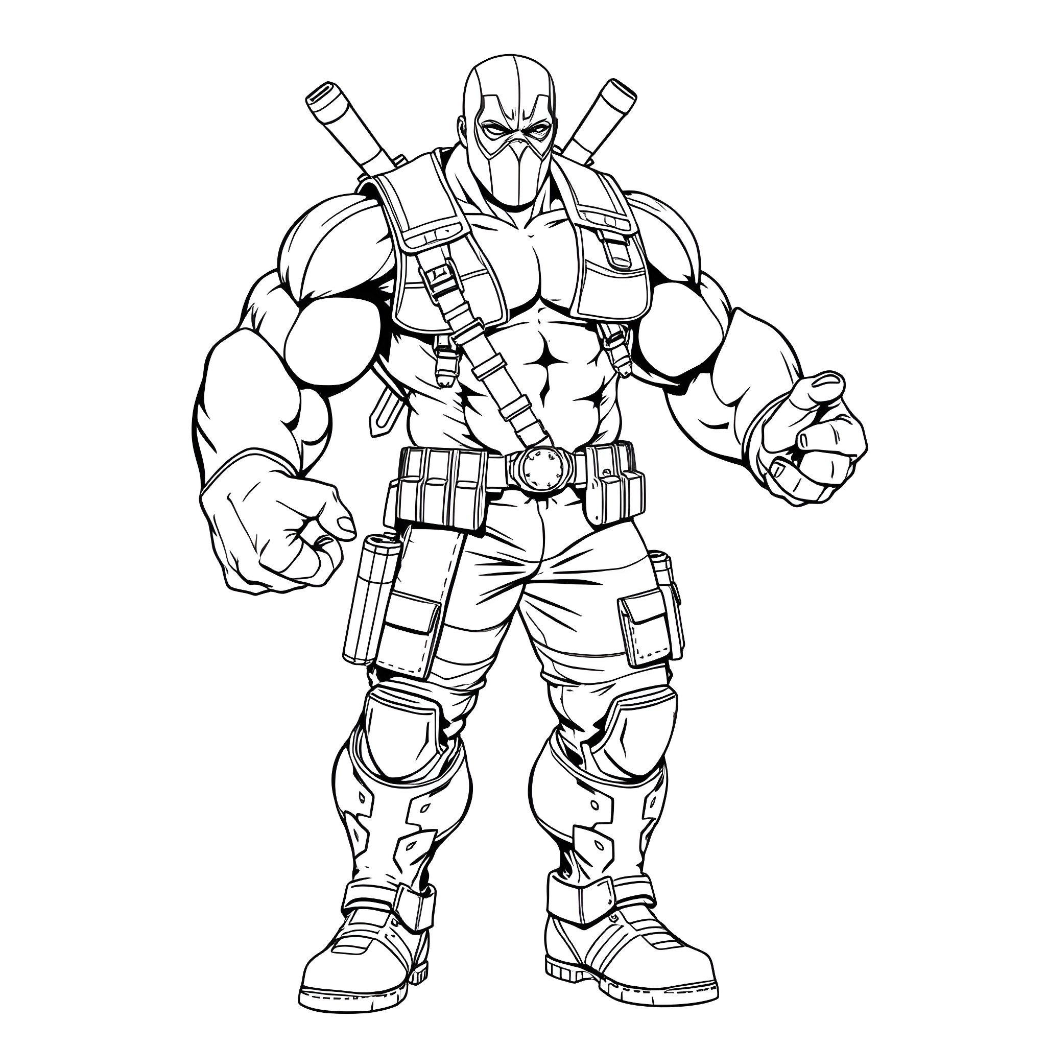 Hulk-inspired muscular character in combat gear Coloring Page (free black-and-white line drawing printable PDF for all, from beginners to advanced learners, including children, teens, adults, and seniors)