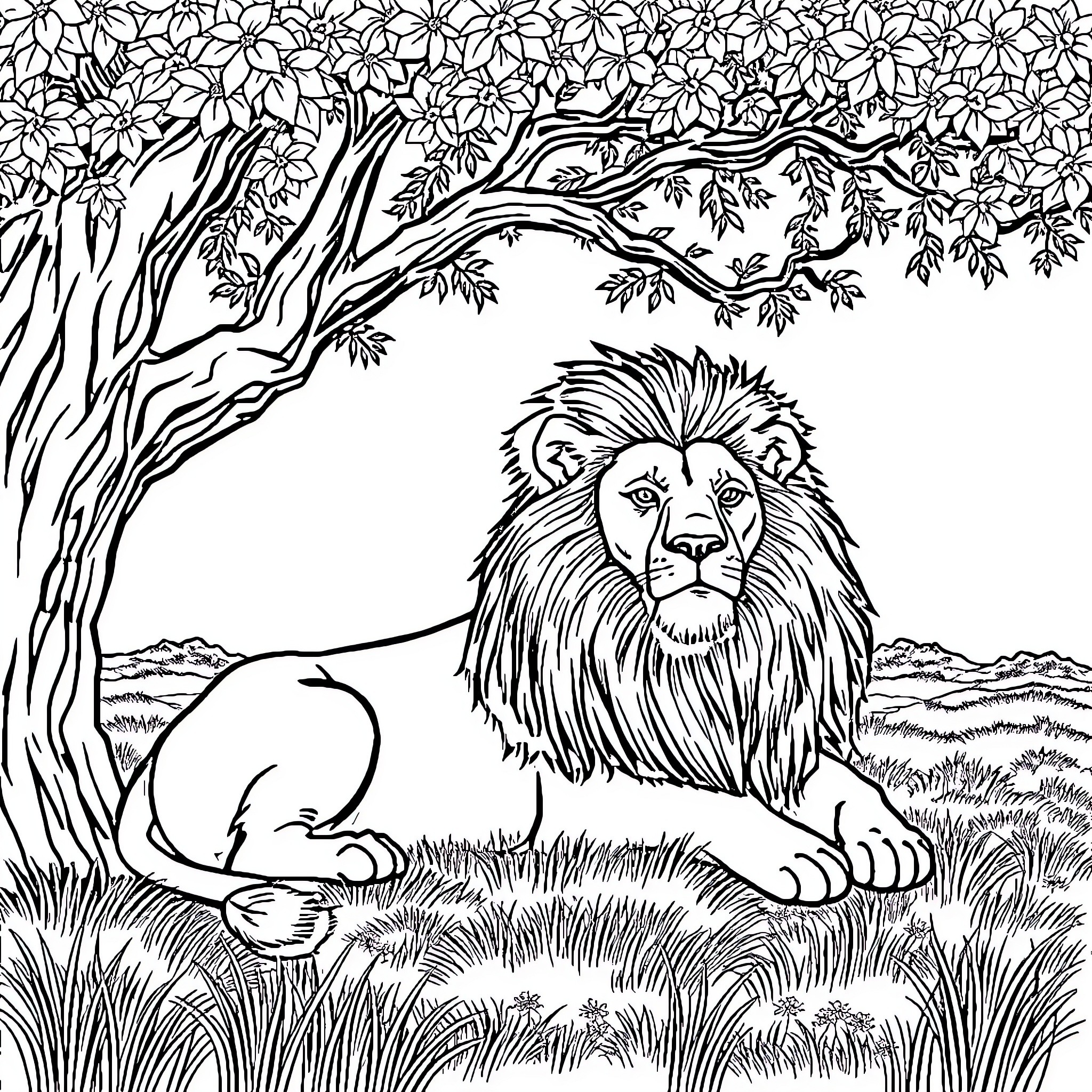 Lion resting under a blooming tree in the wilderness Coloring Page (free black-and-white line drawing printable PDF for all, from beginners to advanced learners, including children, teens, adults, and seniors)