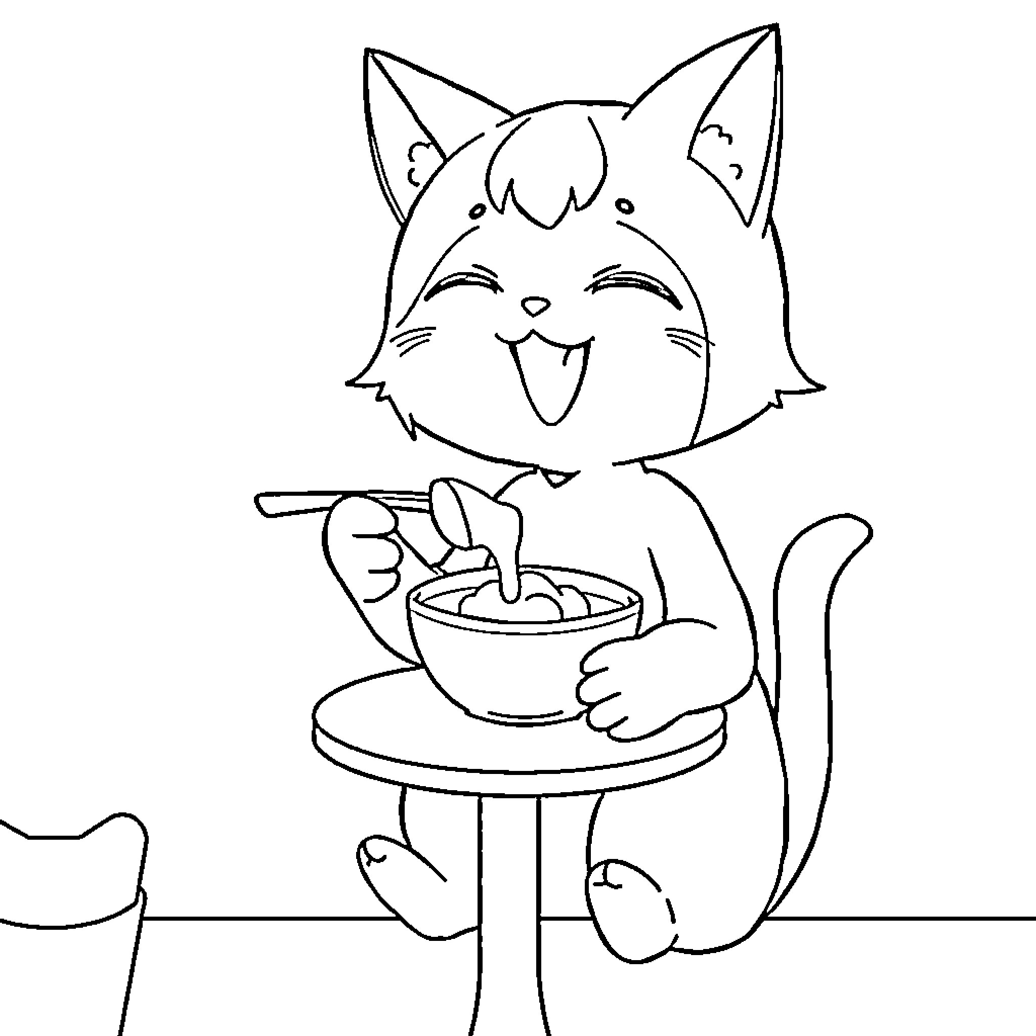Kuromi enjoying a delicious meal Coloring Page (free black-and-white line drawing printable PDF for all, from beginners to advanced learners, including children, teens, adults, and seniors)
