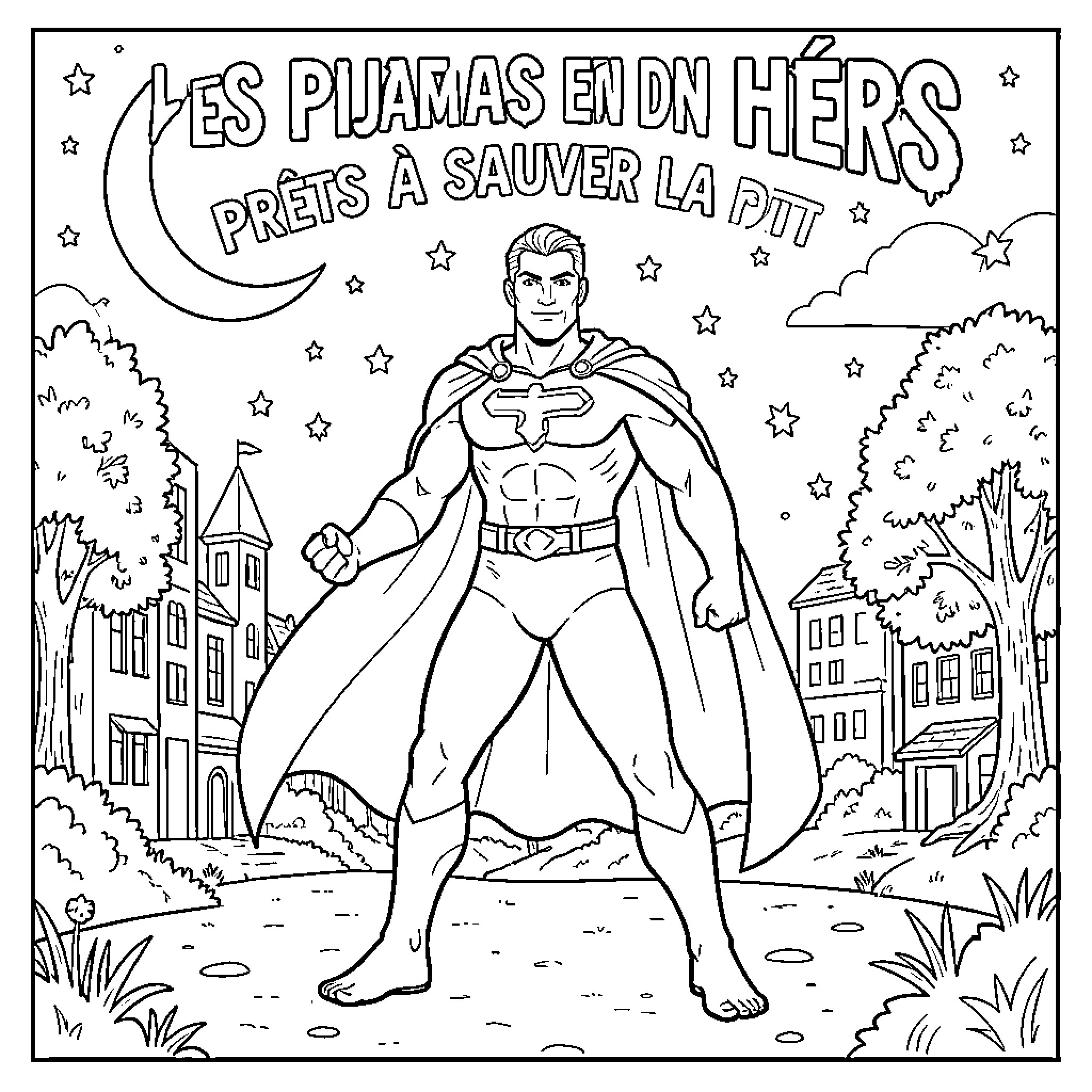 Pijamasks superhero standing heroically in a town setting Coloring Page (free black-and-white line drawing printable PDF for all, from beginners to advanced learners, including children, teens, adults, and seniors)