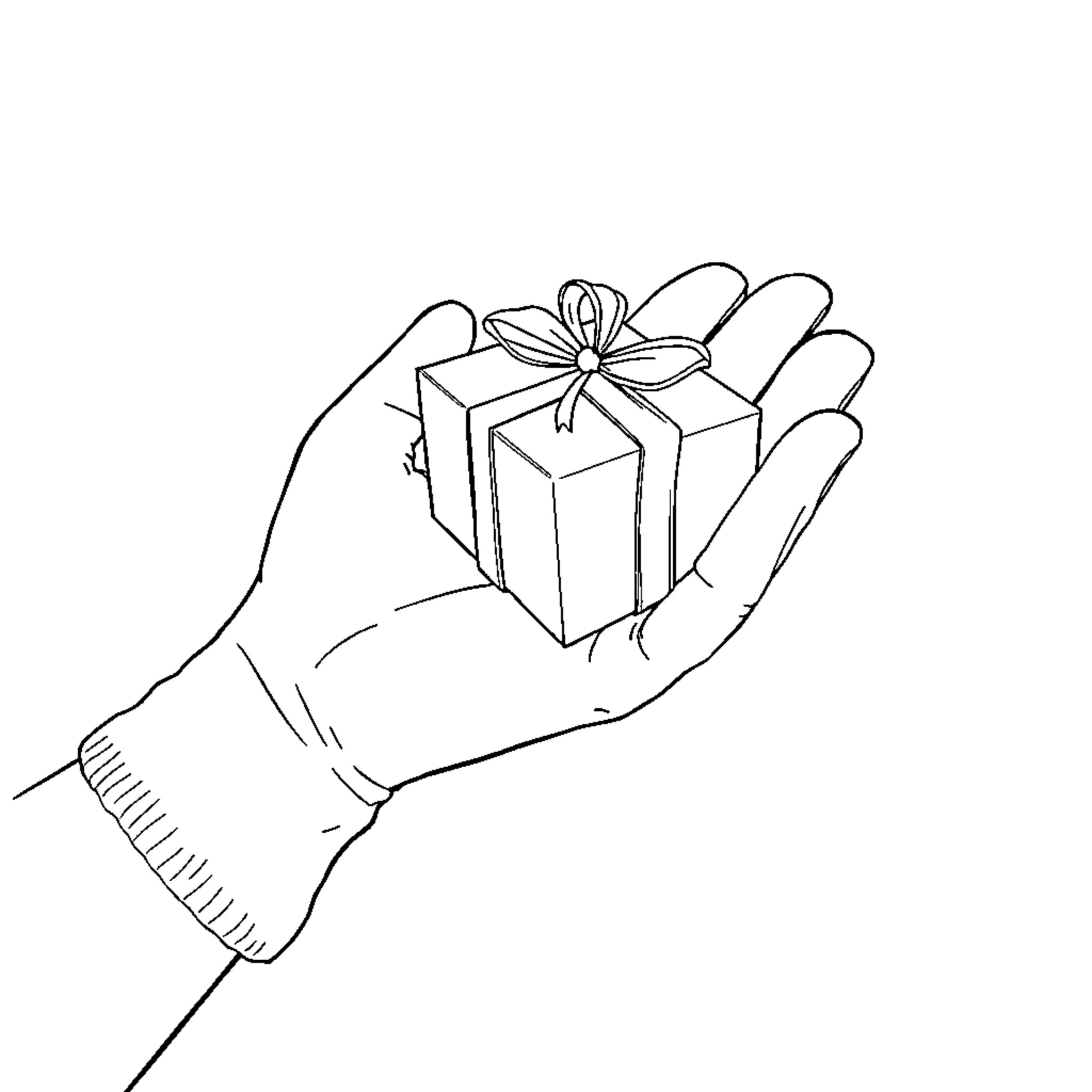 Hand holding a wrapped gift Coloring Page (free black-and-white line drawing printable PDF for all, from beginners to advanced learners, including children, teens, adults, and seniors)