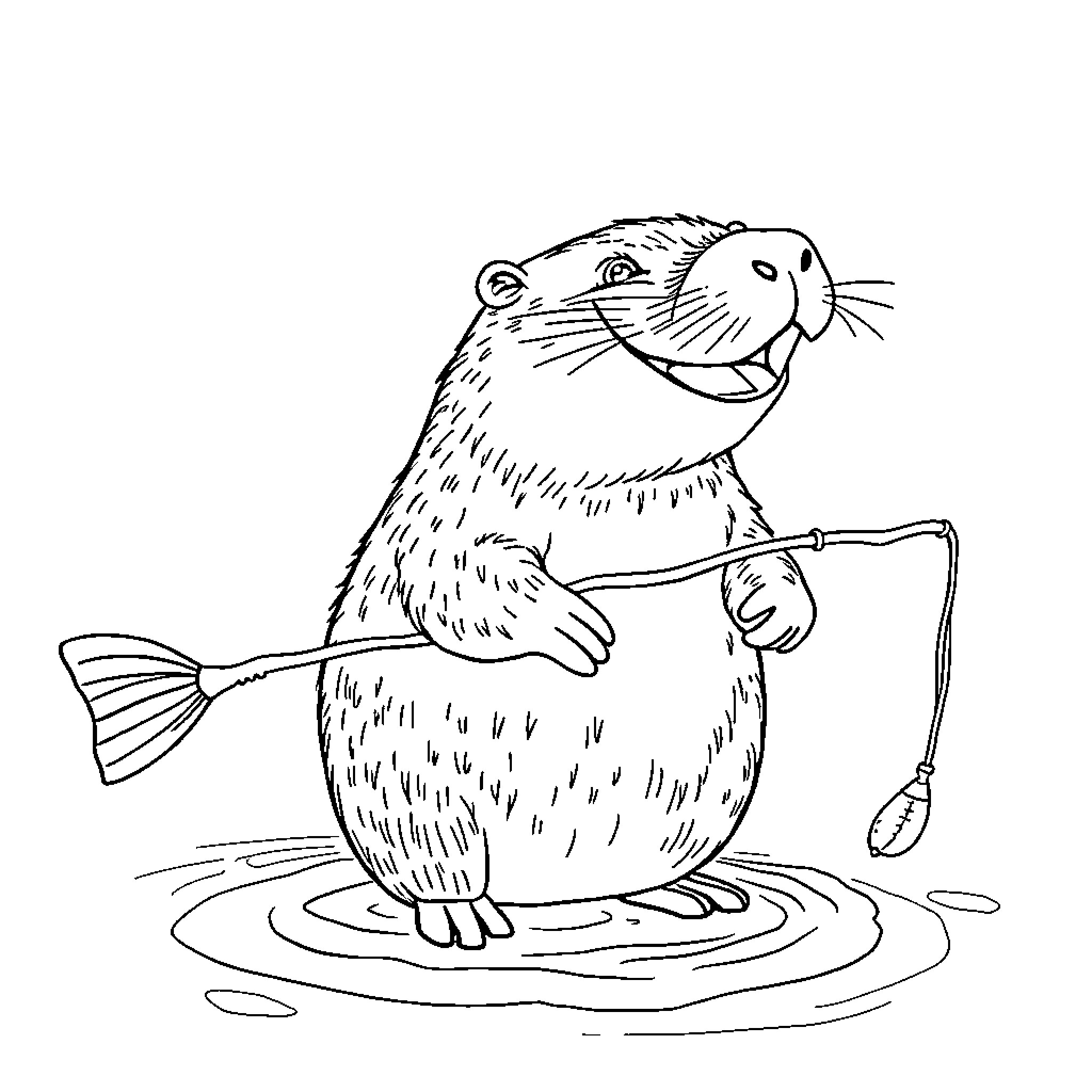Capybara fishing contentedly in the water Coloring Page (free black-and-white line drawing printable PDF for all, from beginners to advanced learners, including children, teens, adults, and seniors)