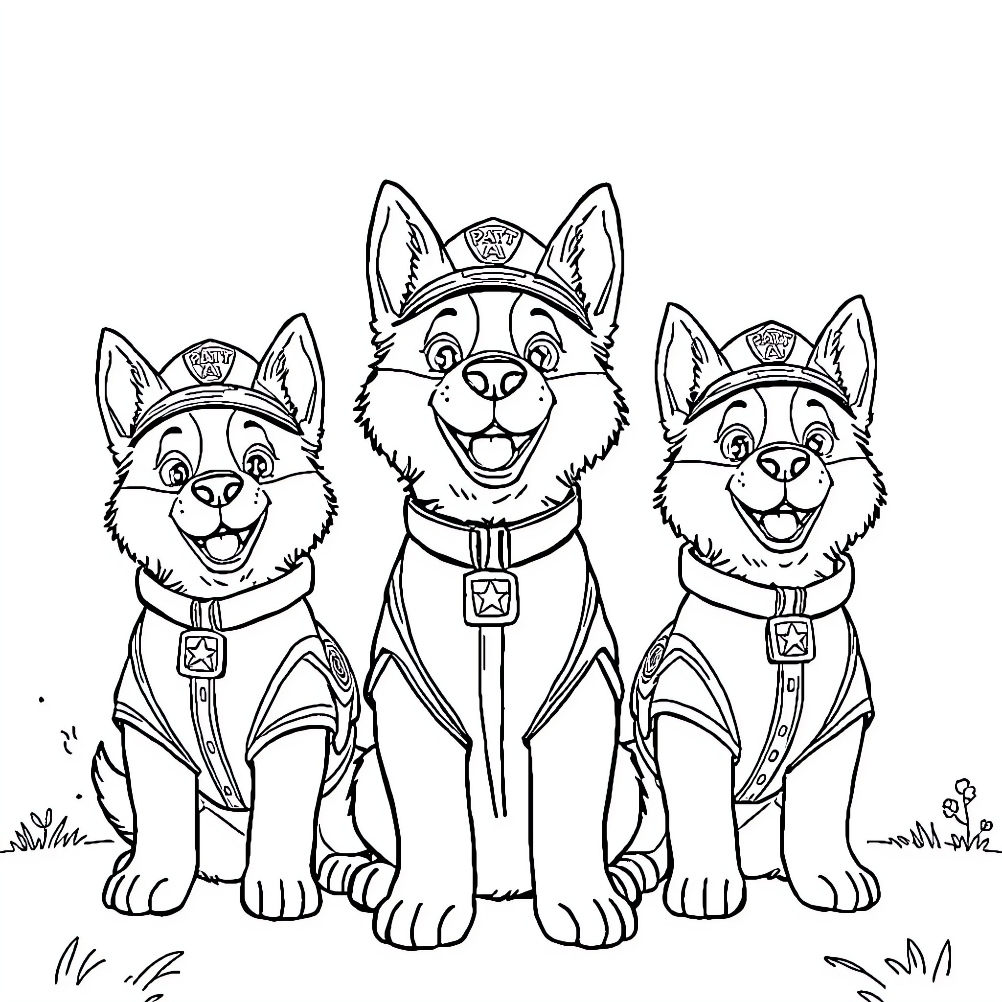 Paw Patrol pups in uniform on the grass Coloring Page (free black-and-white line drawing printable PDF for all, from beginners to advanced learners, including children, teens, adults, and seniors)