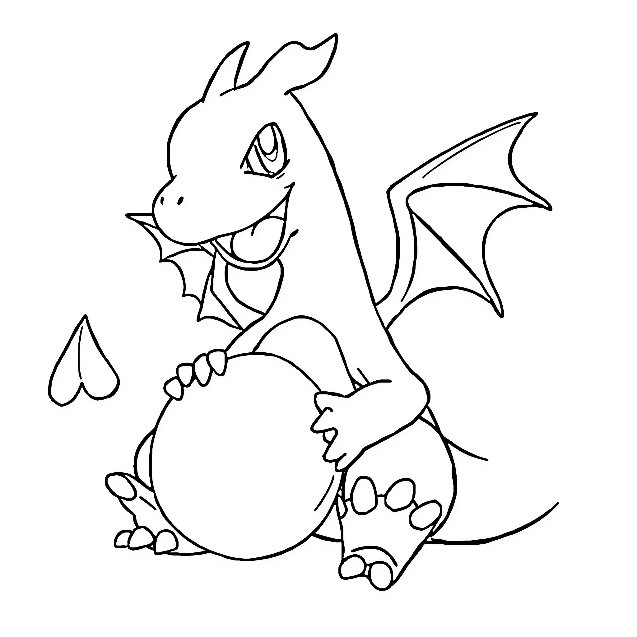 Charizard Smiling and Posing Coloring Page (free black-and-white line drawing printable PDF for all, from beginners to advanced learners, including children, teens, adults, and seniors)
