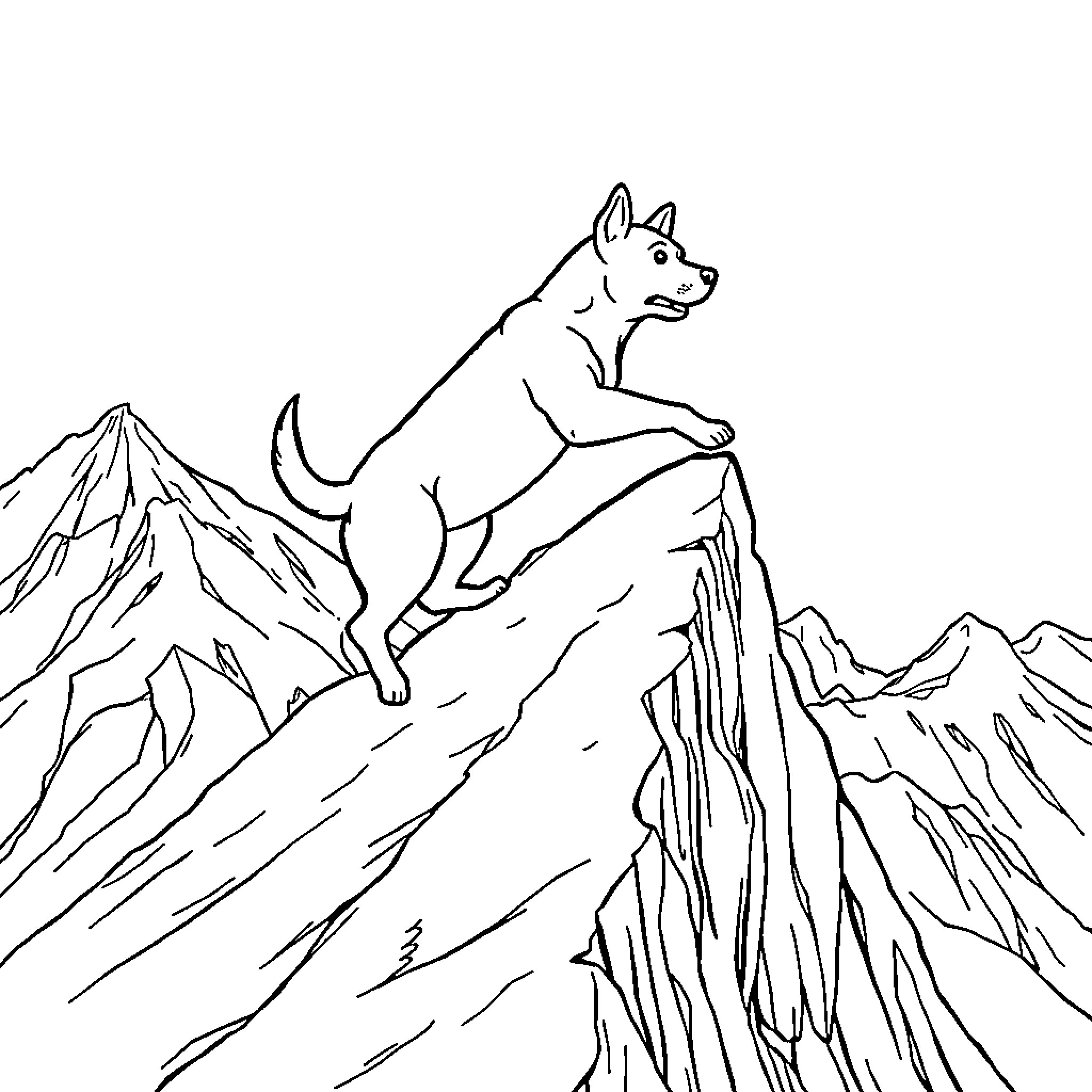 Dog jumping over cliff in mountains Coloring Page (free black-and-white line drawing printable PDF for all, from beginners to advanced learners, including children, teens, adults, and seniors)