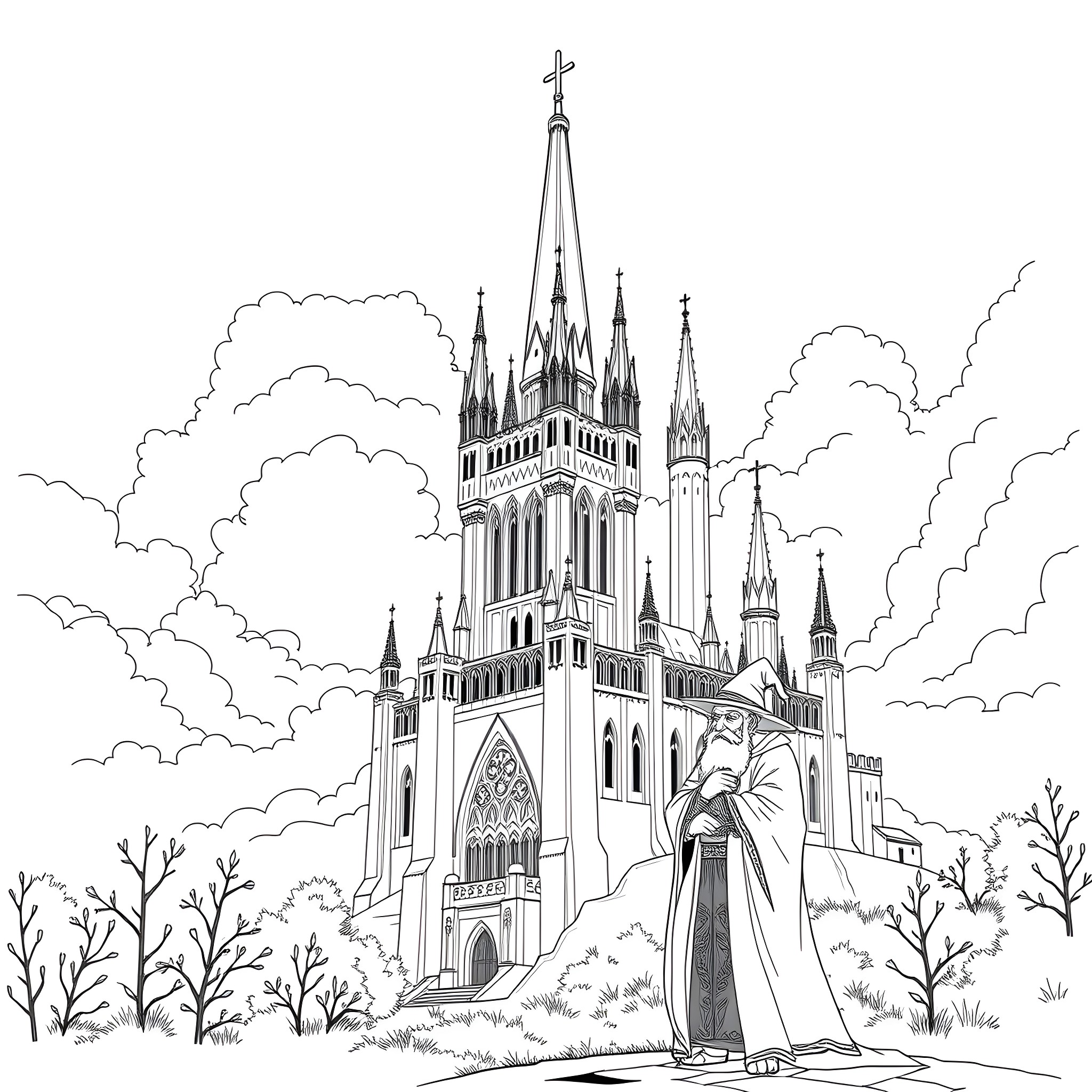 Castle with Elegant Architecture and Figures Coloring Page (free black-and-white line drawing printable PDF for all, from beginners to advanced learners, including children, teens, adults, and seniors)