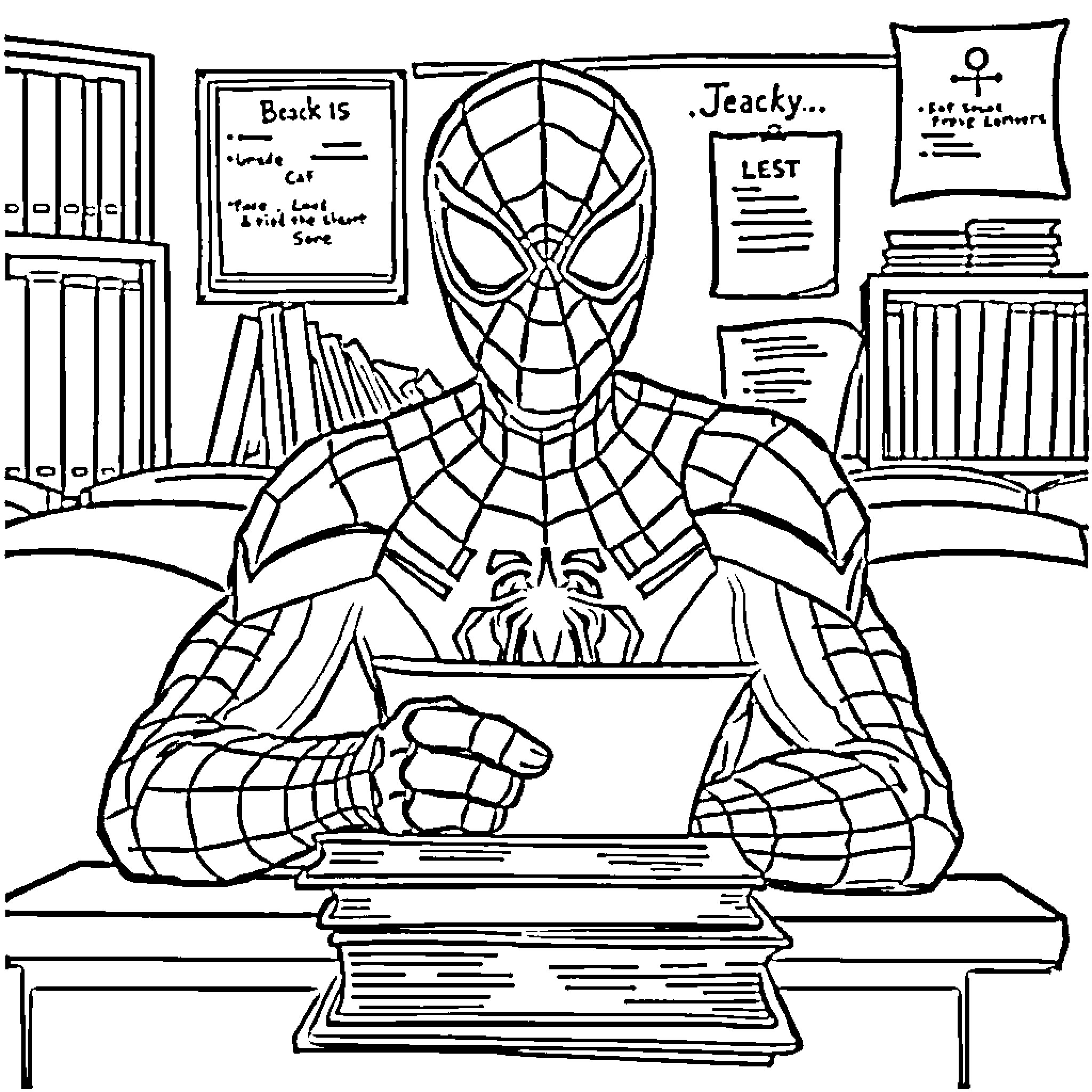 Spiderman studying diligently at his desk Coloring Page (free black-and-white line drawing printable PDF for all, from beginners to advanced learners, including children, teens, adults, and seniors)