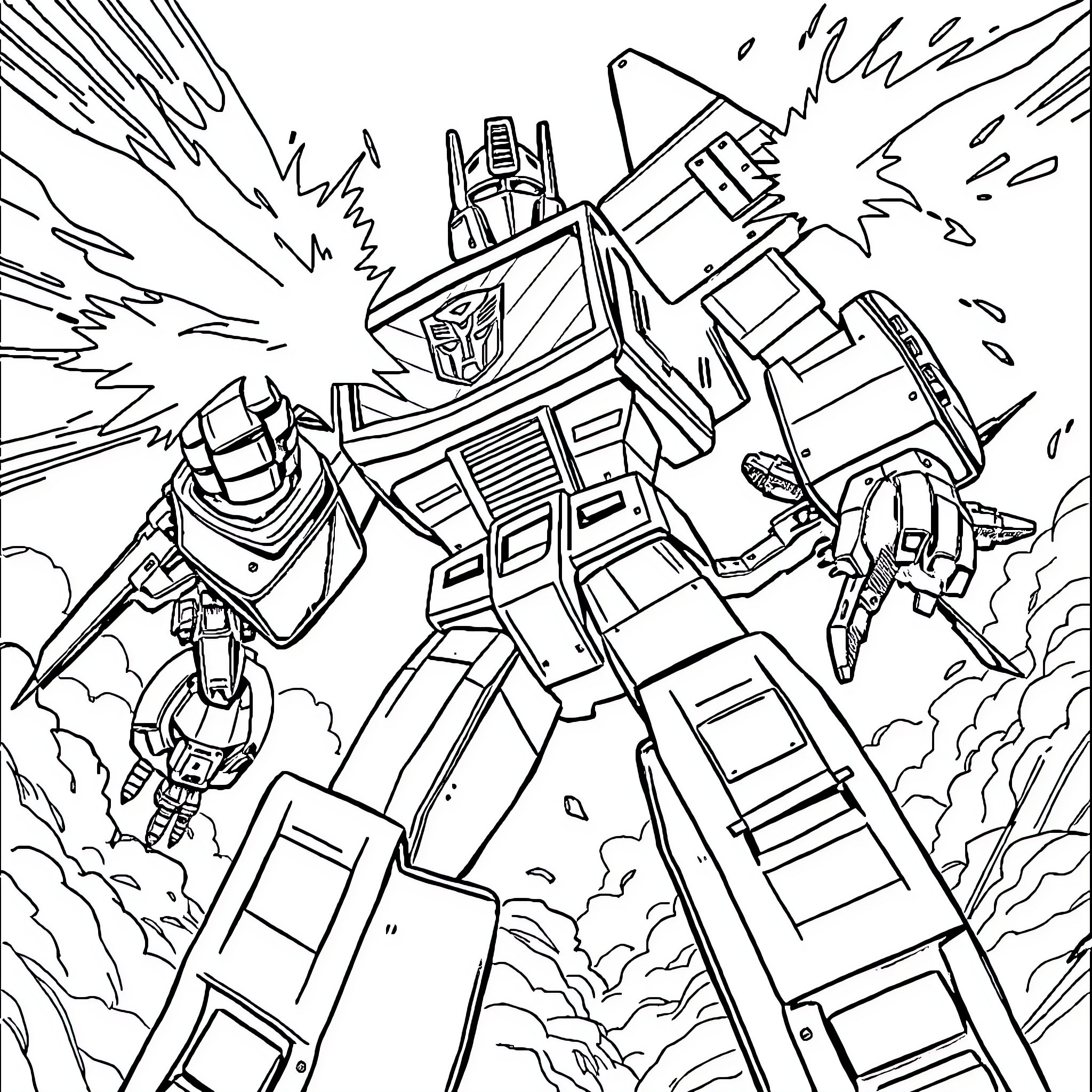 Hot Rod Transformers in Epic Battle Coloring Page (free black-and-white line drawing printable PDF for all, from beginners to advanced learners, including children, teens, adults, and seniors)