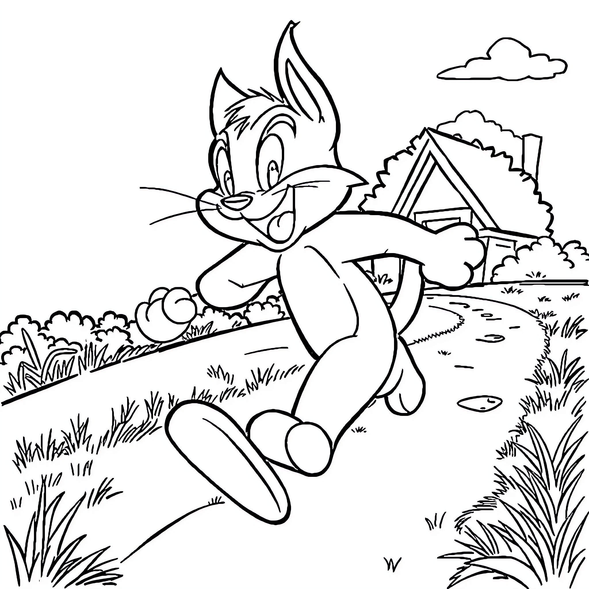 Tom's Playful Adventure in the Countryside Coloring Page (free black-and-white line drawing printable PDF for all, from beginners to advanced learners, including children, teens, adults, and seniors)