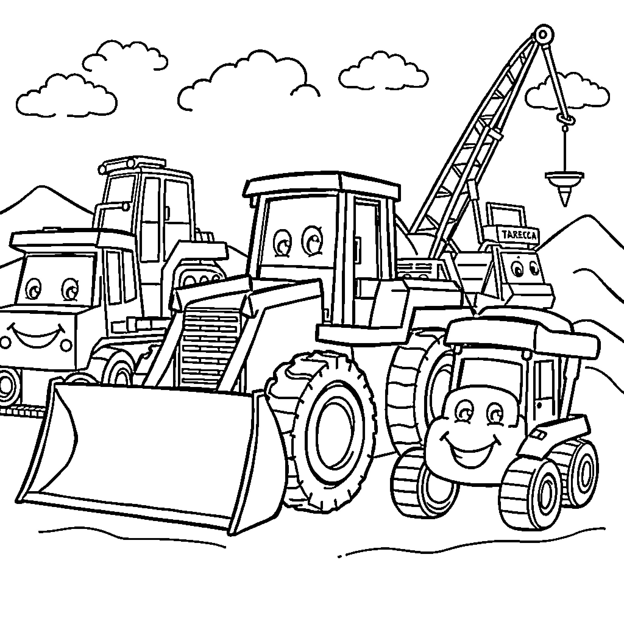 Construction Vehicle Cartoon Scene with Smiling Machines Coloring Page (free black-and-white line drawing printable PDF for all, from beginners to advanced learners, including children, teens, adults, and seniors)