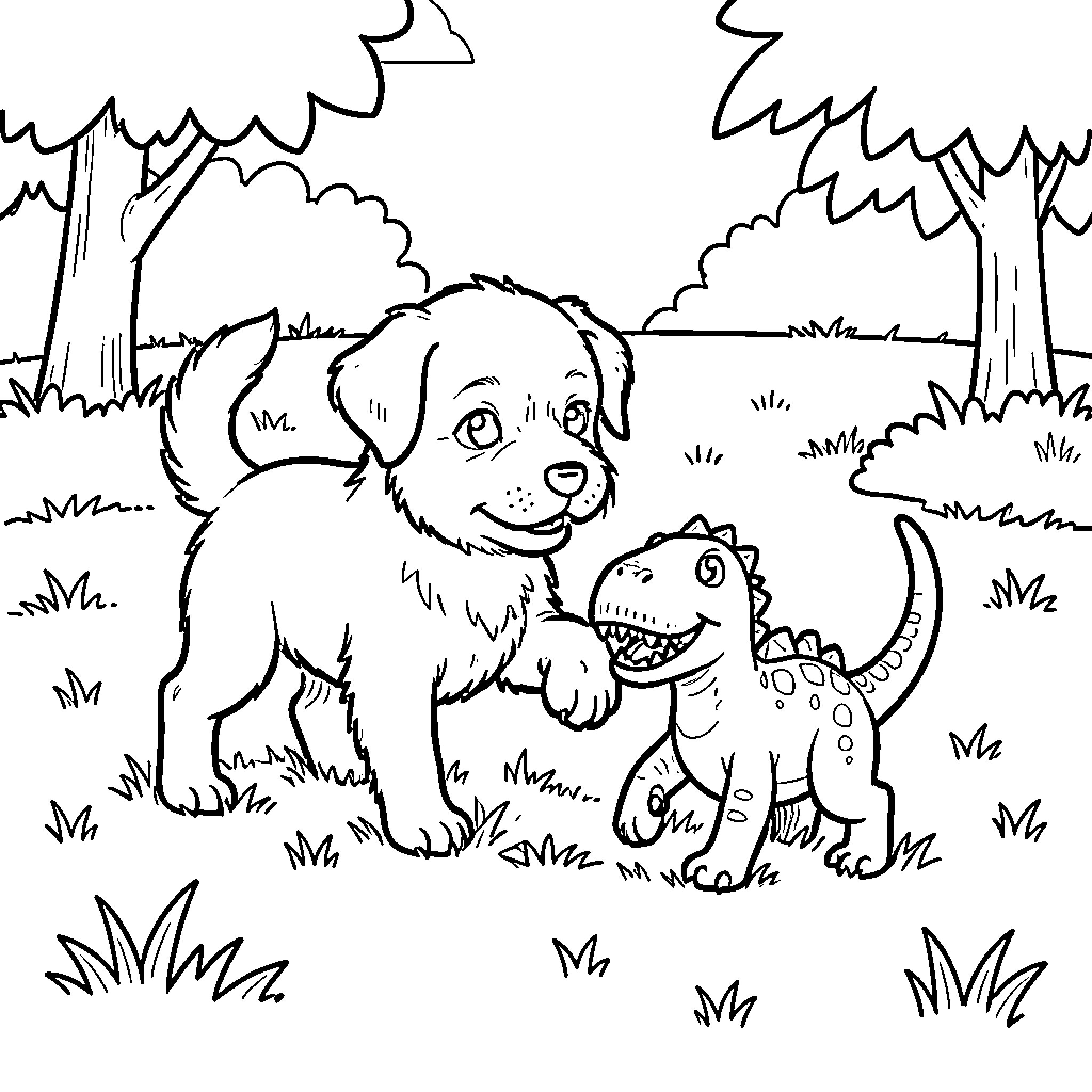 Dog playing friendly with a small dinosaur in a field Coloring Page (free black-and-white line drawing printable PDF for all, from beginners to advanced learners, including children, teens, adults, and seniors)