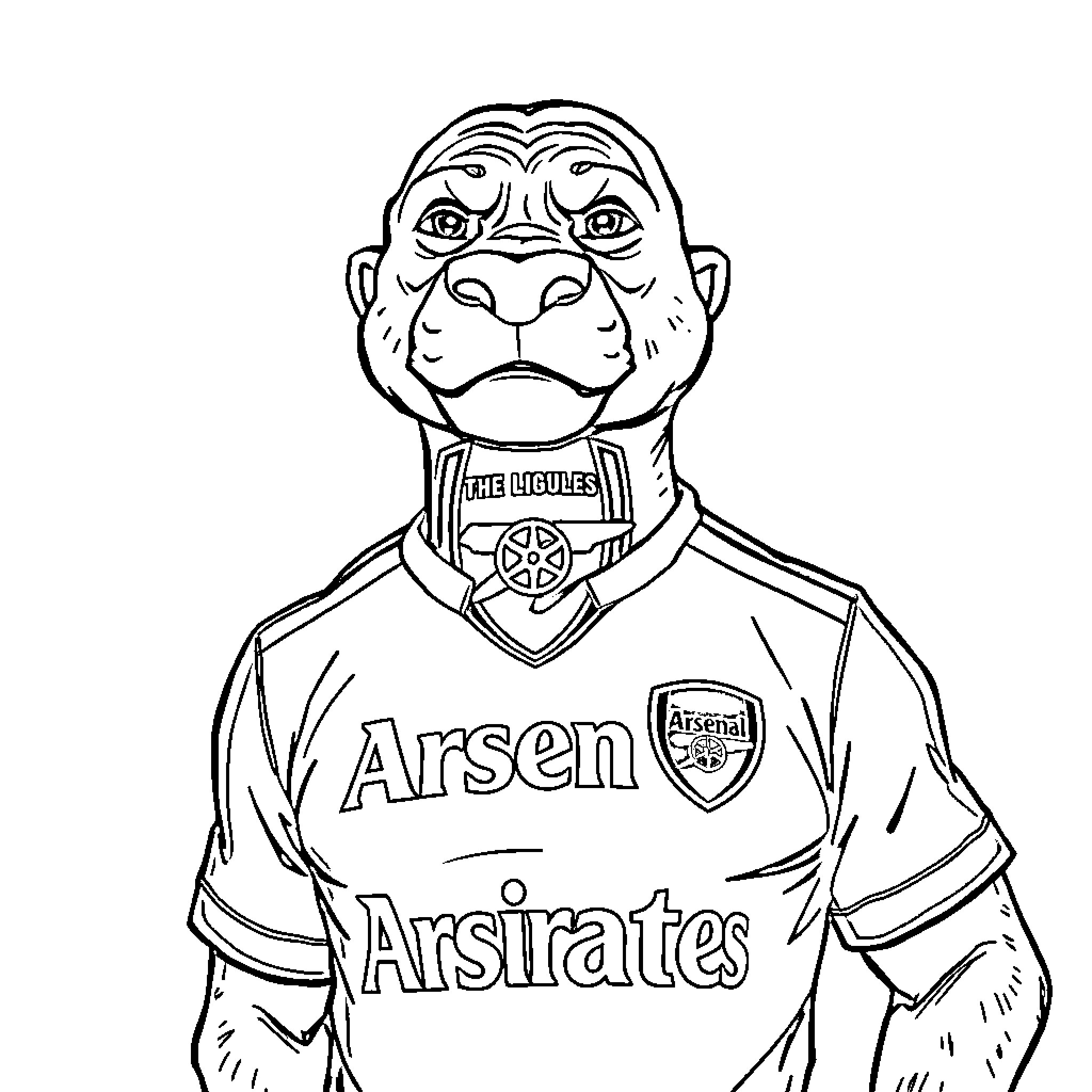Labubu soccer player in Arsenal jersey Coloring Page (free black-and-white line drawing printable PDF for all, from beginners to advanced learners, including children, teens, adults, and seniors)