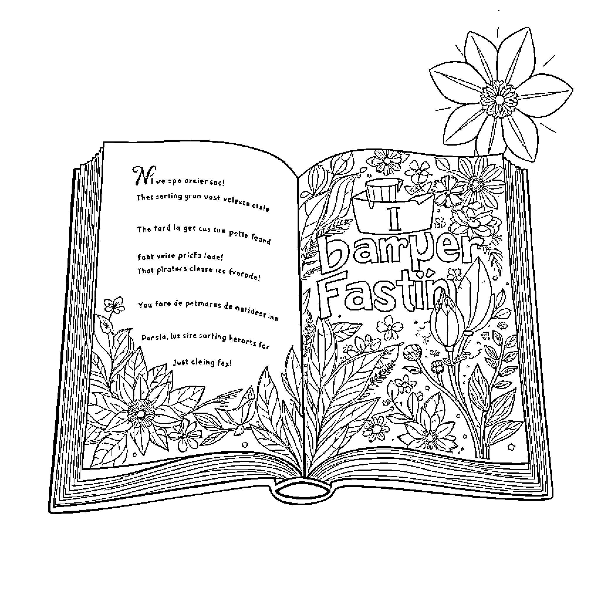 Book Featuring Floral Illustrations and Inspirational Text Coloring Page (free black-and-white line drawing printable PDF for all, from beginners to advanced learners, including children, teens, adults, and seniors)
