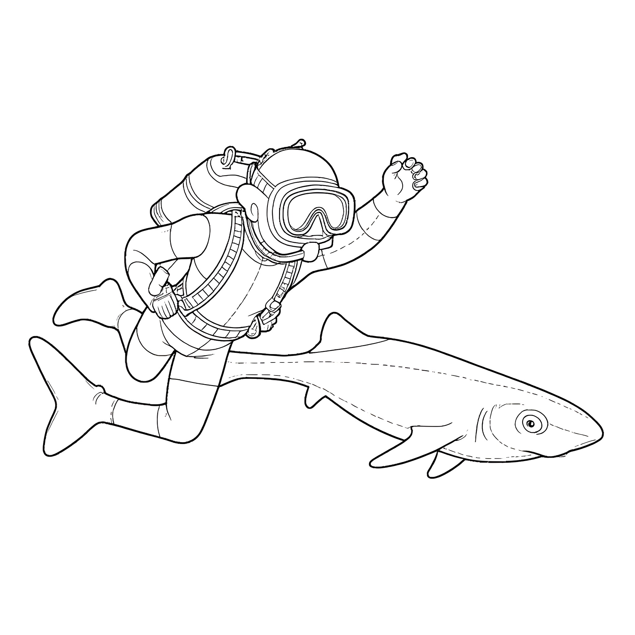 Scuba Diver Swimming with Shark in the Ocean Coloring Page (free black-and-white line drawing printable PDF for all, from beginners to advanced learners, including children, teens, adults, and seniors)
