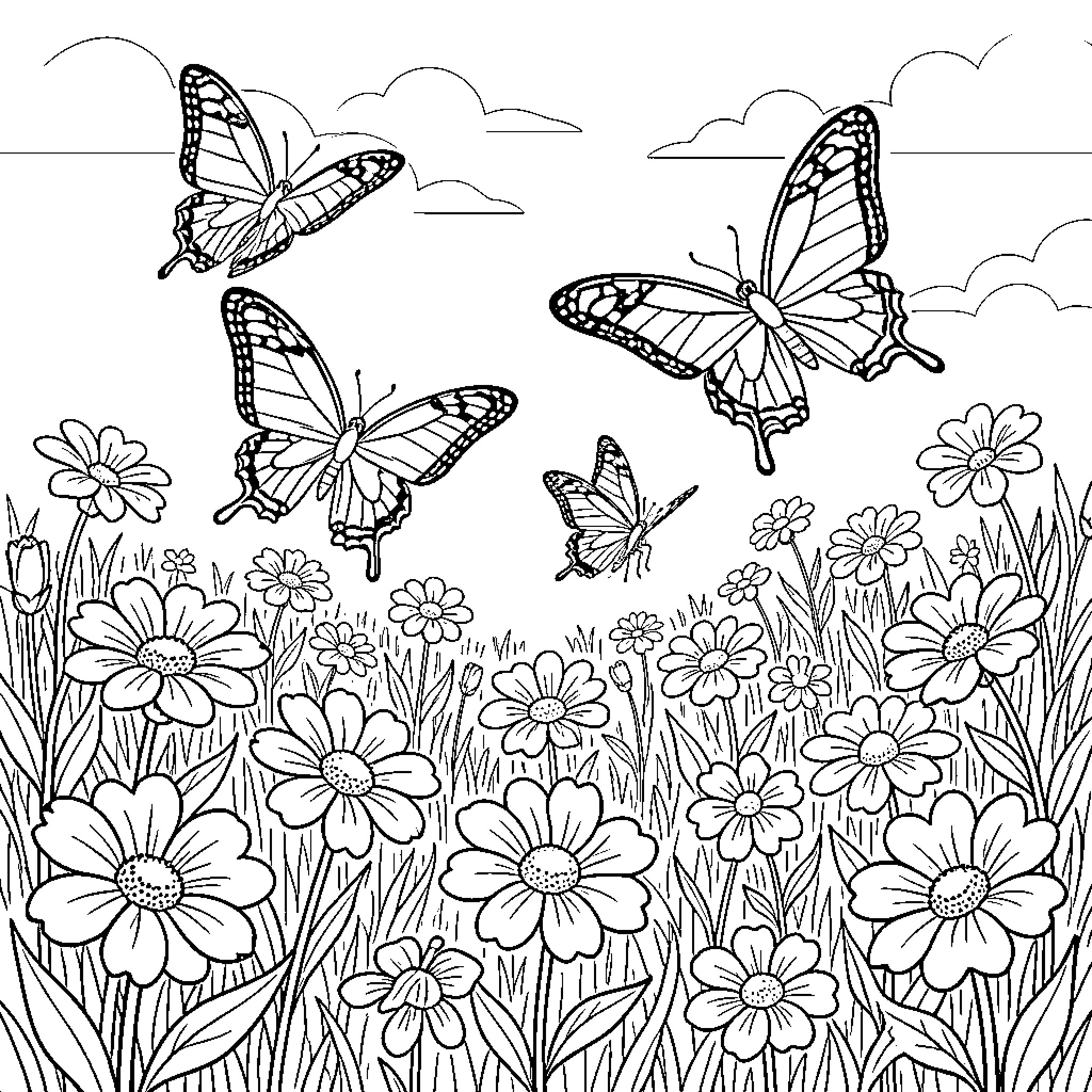 Butterfly flying through a field of flowers Coloring Page (free black-and-white line drawing printable PDF for all, from beginners to advanced learners, including children, teens, adults, and seniors)