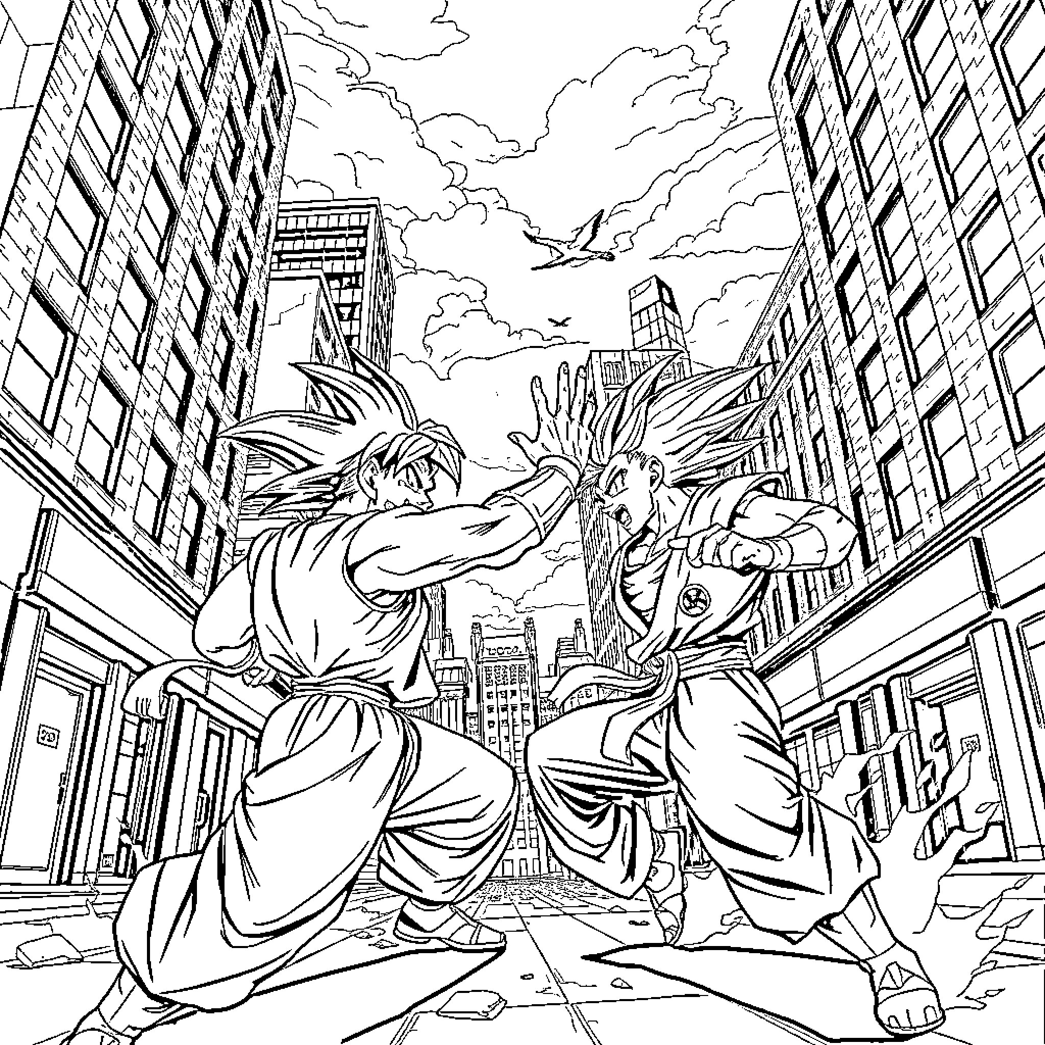 Gojo Characters Engage in Intense Battle in Urban Setting Coloring Page (free black-and-white line drawing printable PDF for all, from beginners to advanced learners, including children, teens, adults, and seniors)