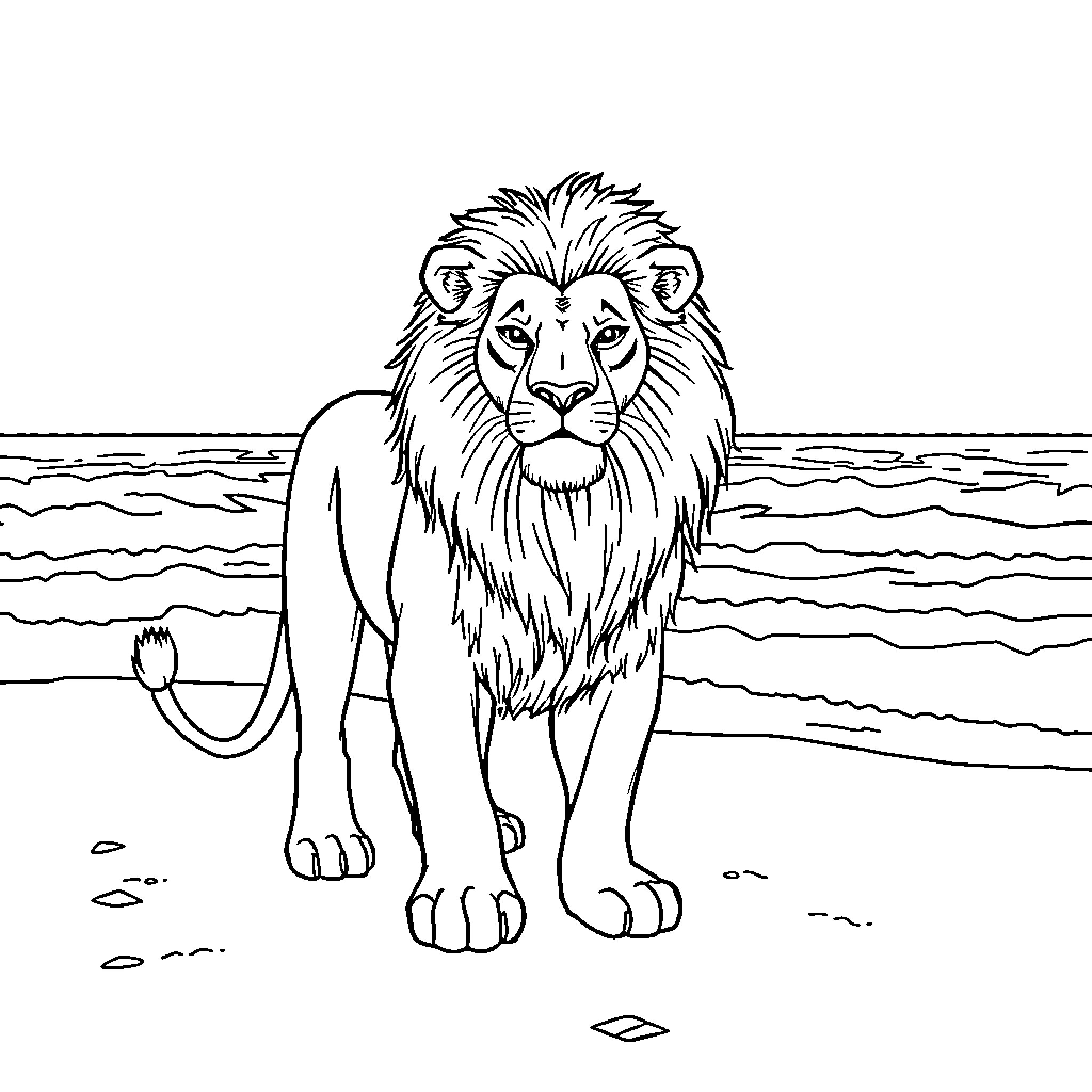 Lion prowling on the beach Coloring Page (free black-and-white line drawing printable PDF for all, from beginners to advanced learners, including children, teens, adults, and seniors)