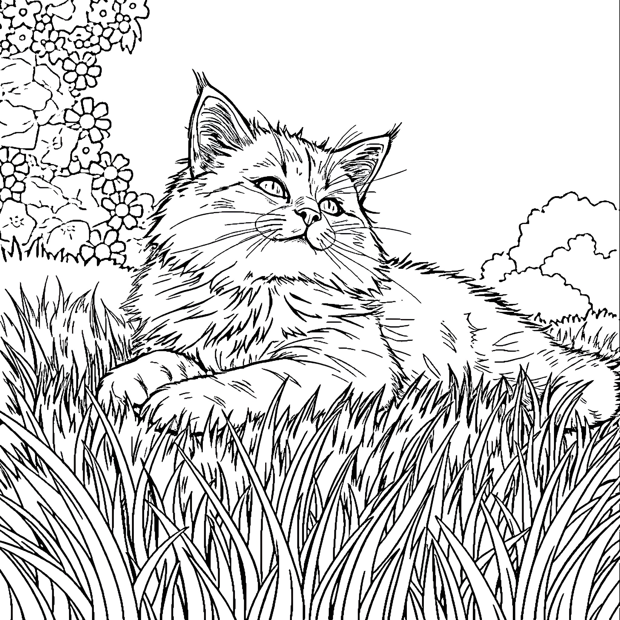 Cat lounging peacefully in the field Coloring Page (free black-and-white line drawing printable PDF for all, from beginners to advanced learners, including children, teens, adults, and seniors)