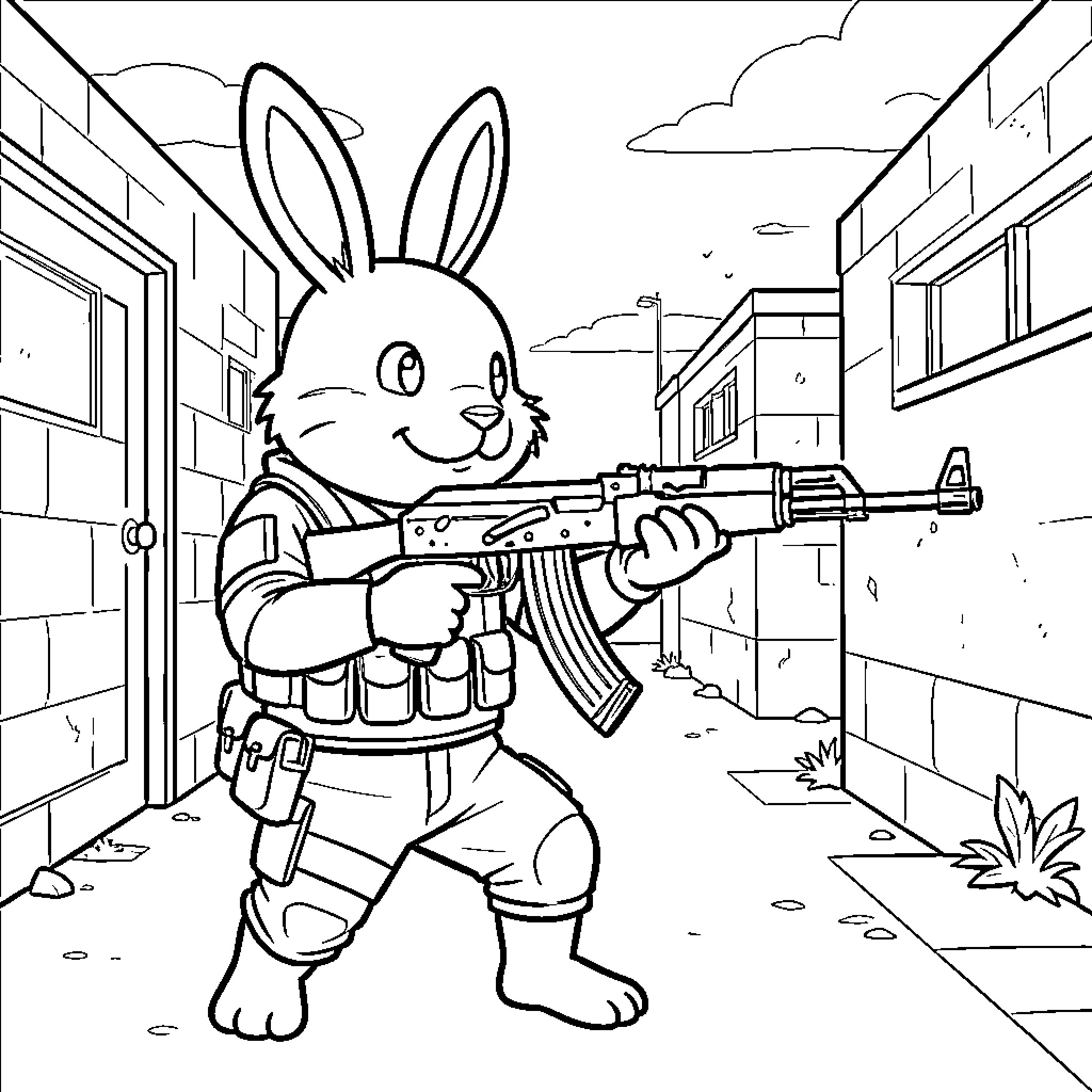 Bunny dressed as a soldier holding a rifle Coloring Page (free black-and-white line drawing printable PDF for all, from beginners to advanced learners, including children, teens, adults, and seniors)