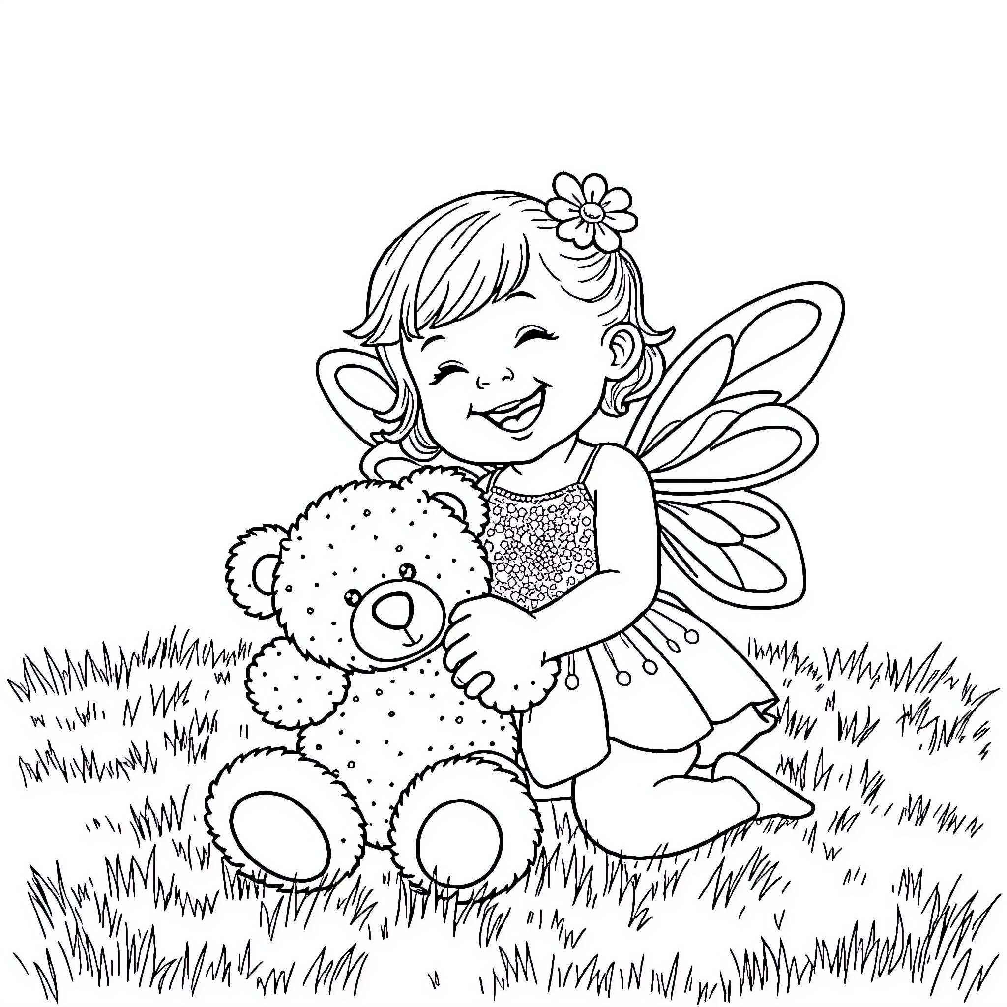 Girl Playing with Stuffed Toy in Grass Coloring Page (free black-and-white line drawing printable PDF for all, from beginners to advanced learners, including children, teens, adults, and seniors)