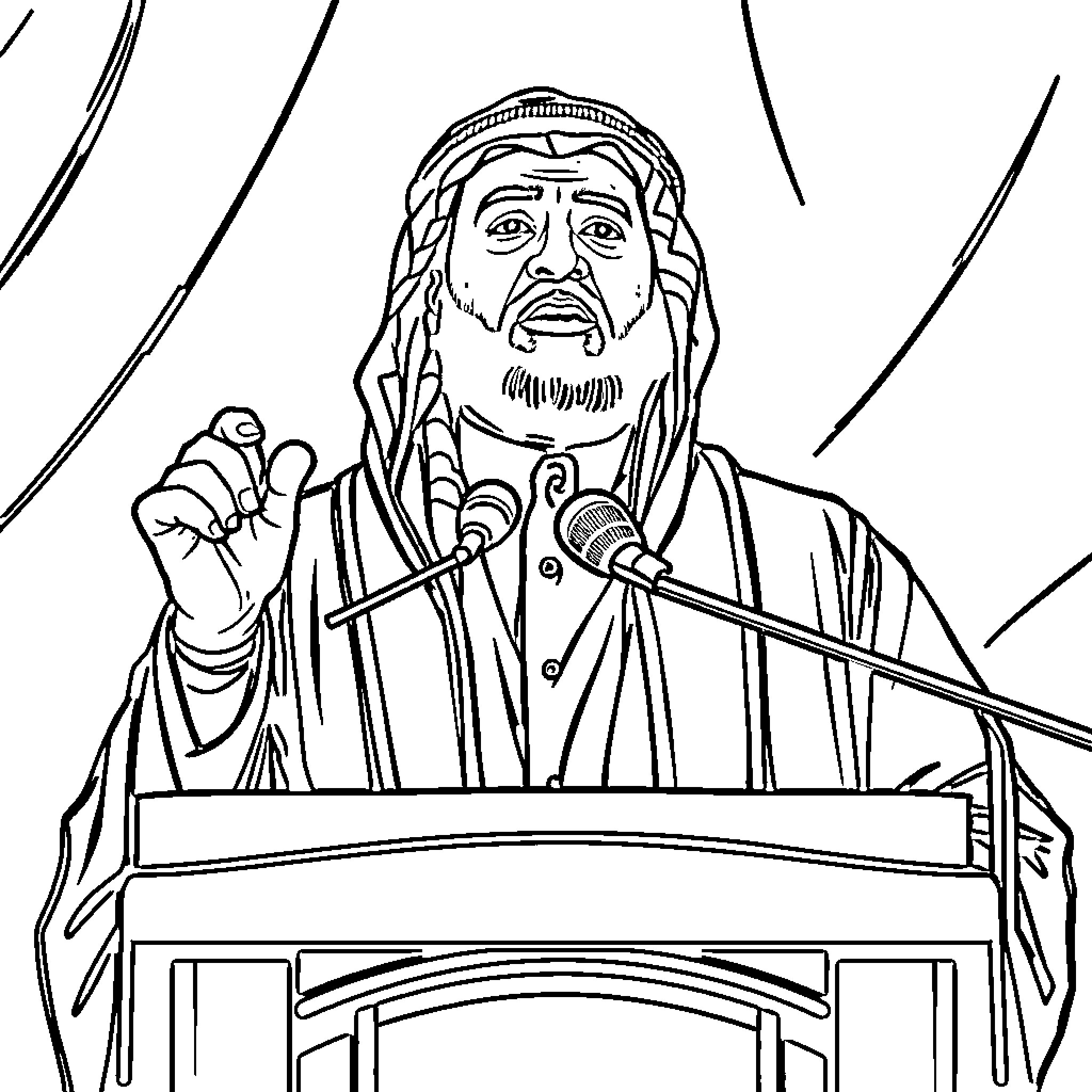 Abu Obaida delivering a speech at a podium Coloring Page (free black-and-white line drawing printable PDF for all, from beginners to advanced learners, including children, teens, adults, and seniors)
