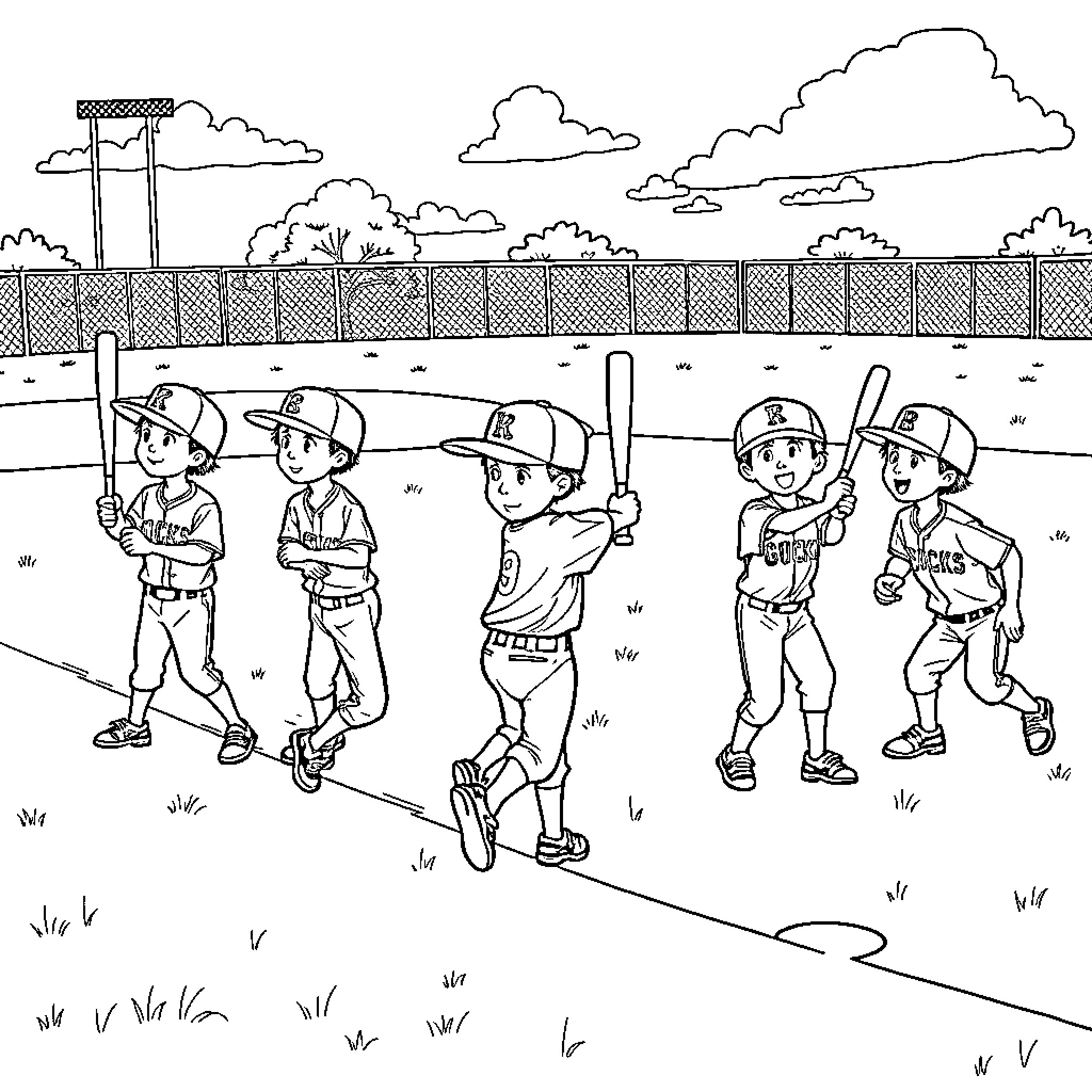 Baseball Players in Uniform on the Field Coloring Page (free black-and-white line drawing printable PDF for all, from beginners to advanced learners, including children, teens, adults, and seniors)