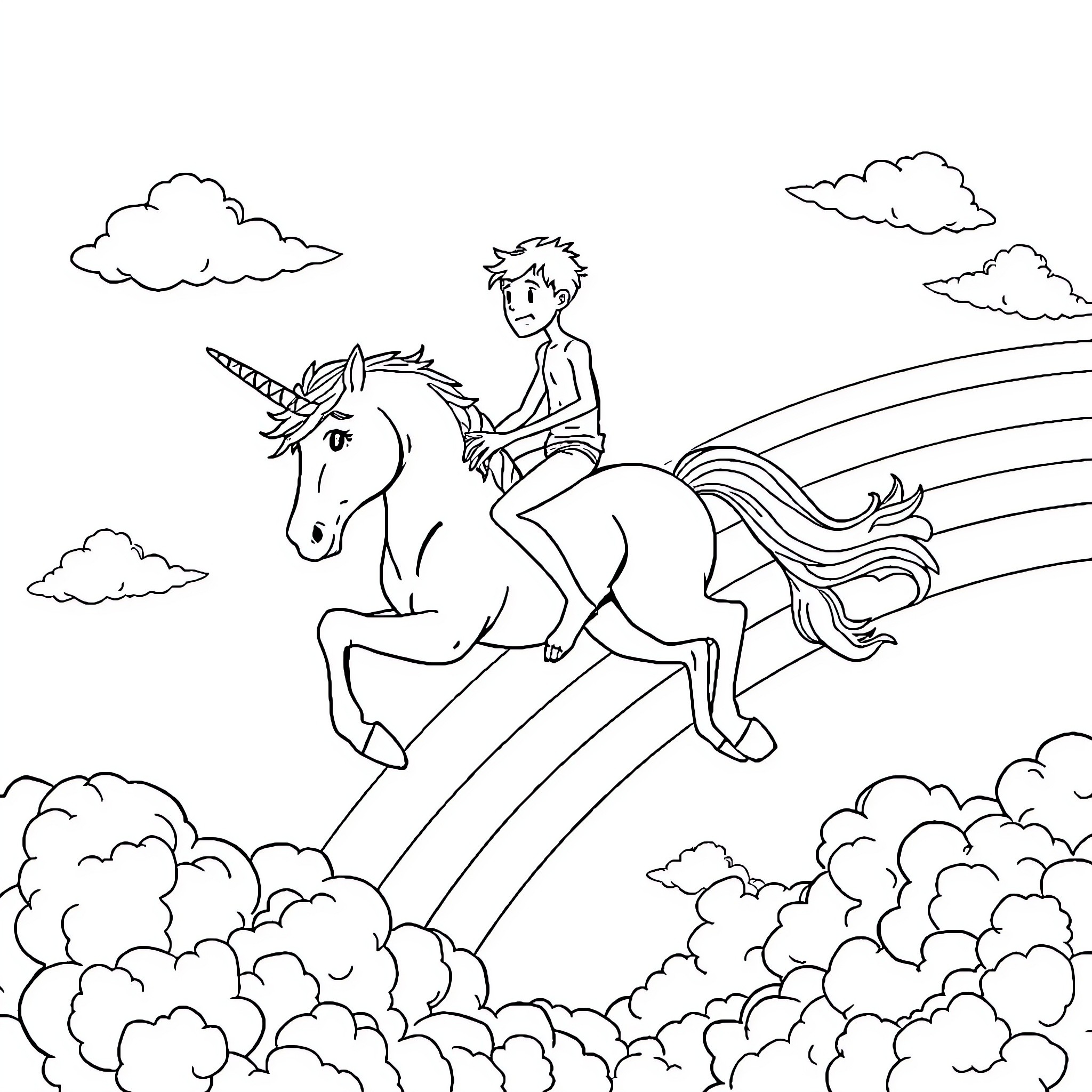 Unicorn riding through clouds and rainbows Coloring Page (free black-and-white line drawing printable PDF for all, from beginners to advanced learners, including children, teens, adults, and seniors)