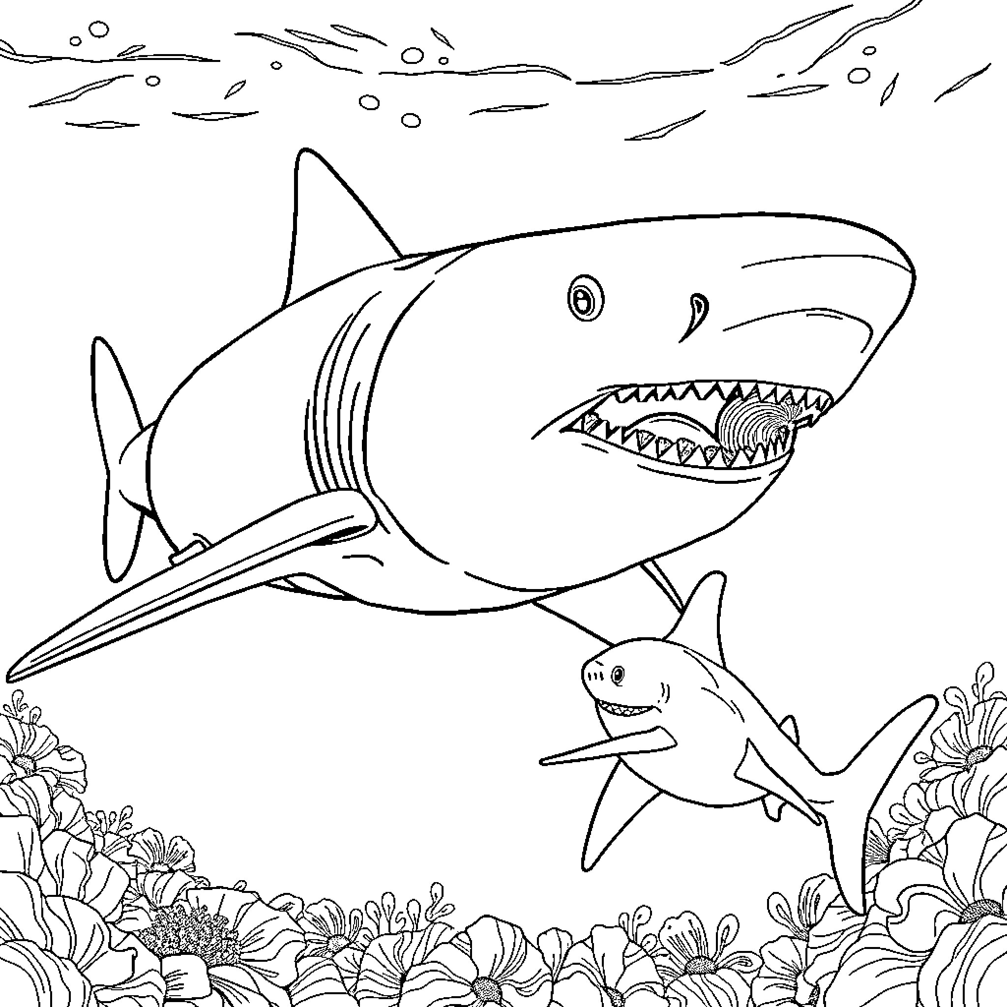 Megalodon shark hunting for prey in the ocean Coloring Page (free black-and-white line drawing printable PDF for all, from beginners to advanced learners, including children, teens, adults, and seniors)