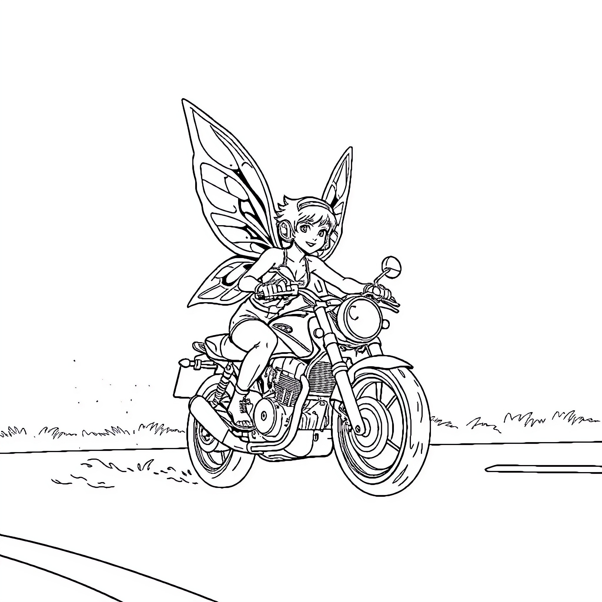 Fairy riding a motorcycle on the road Coloring Page (free black-and-white line drawing printable PDF for all, from beginners to advanced learners, including children, teens, adults, and seniors)