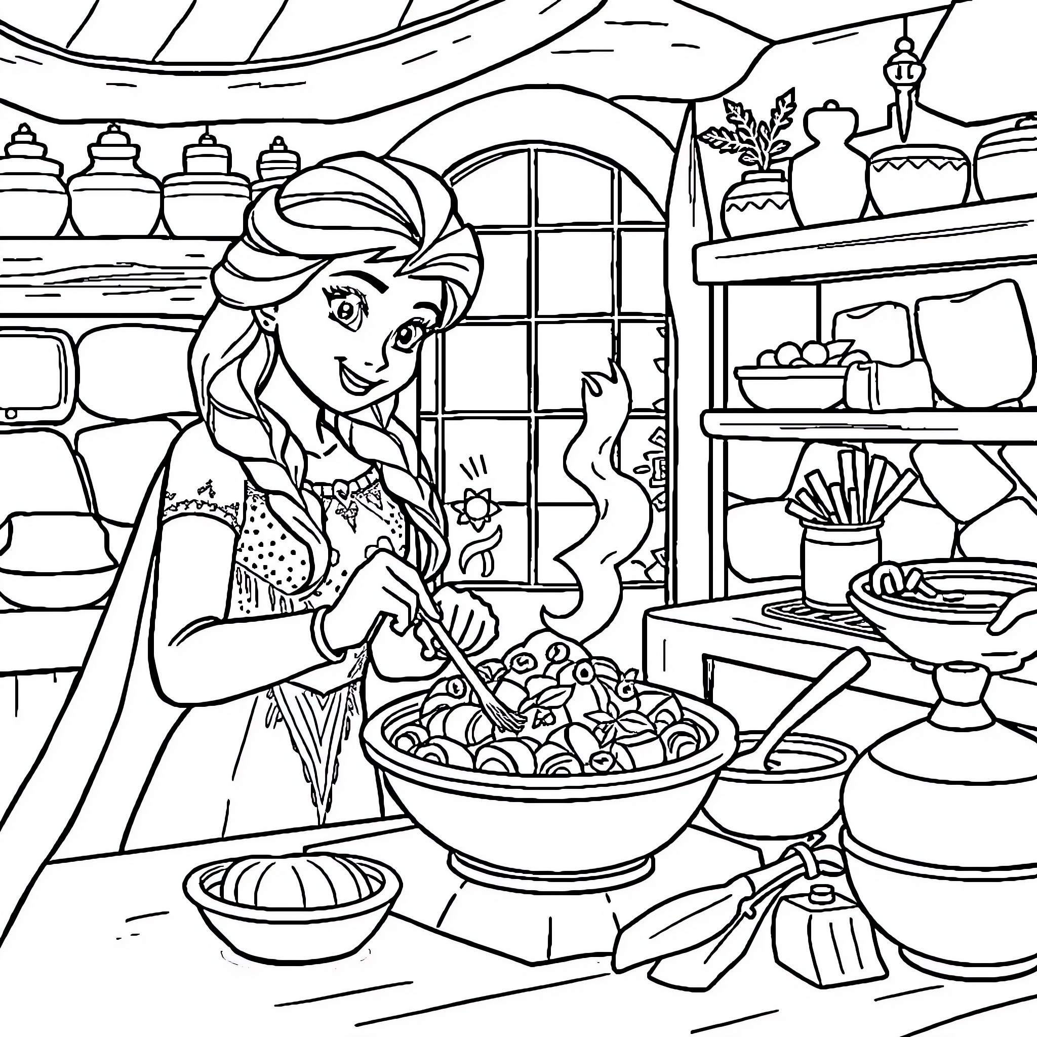Frozen Kitchen Scene with Character Cooking Coloring Page (free black-and-white line drawing printable PDF for all, from beginners to advanced learners, including children, teens, adults, and seniors)